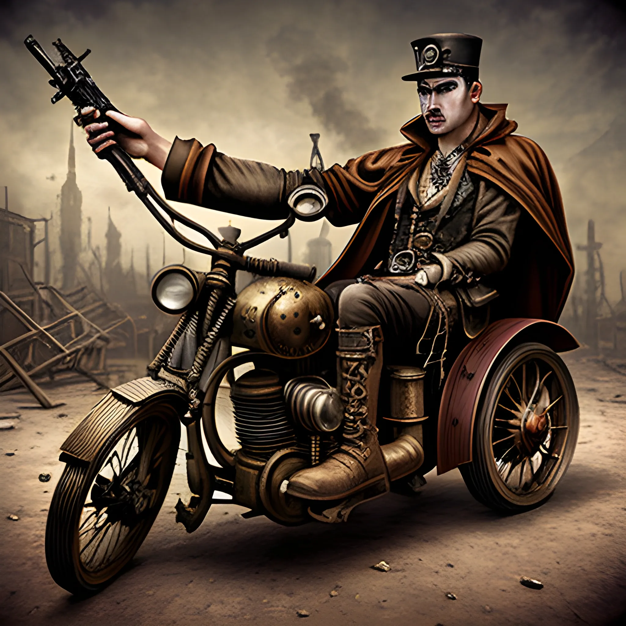 steampunk automoton with tattered cloak in war in an awesome pose weilding a cool steampunk gun, Cartoon