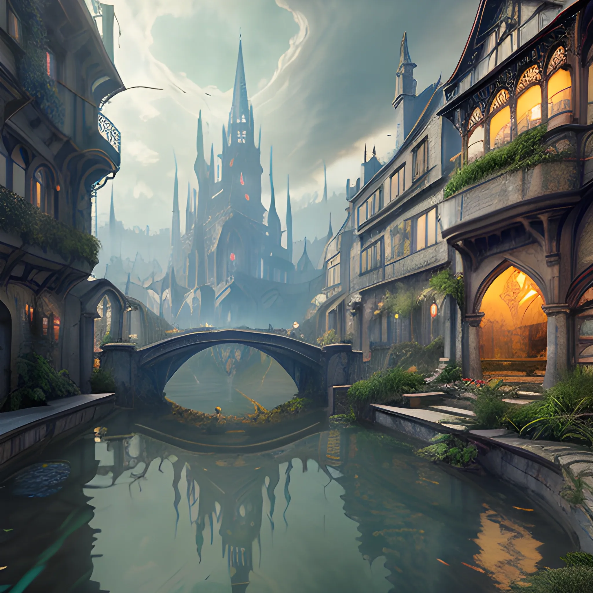 masterpiece, perspective, curious old secret flooded medieval city, cascading armor shops and potion shops, art nouveau, animation art, dark fantasy, overgrown with lush vegetation, cinematic, smooth, detailed, hyperrealism, very small aperture, clear reflection, post production, post-processing, 8k, retouch, HDR, Super-Resolution, Soft Lighting, Ray Tracing Global Illumination, Lumen Reflections, pastel color palette, art deco, Bloodborne feeling