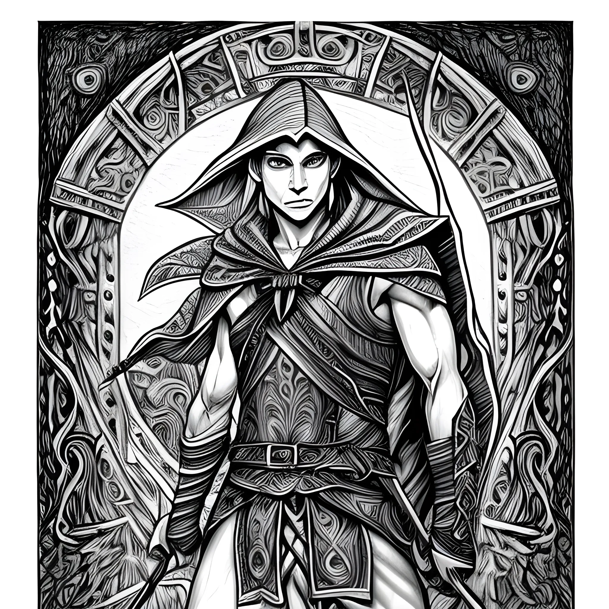 Fantasy, Sharpie Art, Male Elf, Ranger, Arch and arrow, Mage, Black and White,, Pencil Sketch, lineart