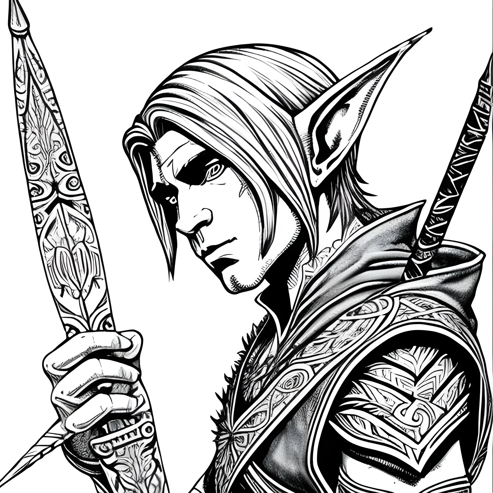 Fantasy, Sharpie Art, Male Elf, Ranger, Arch and arrow, Mage, Black and White,, Pencil Sketch, lineart