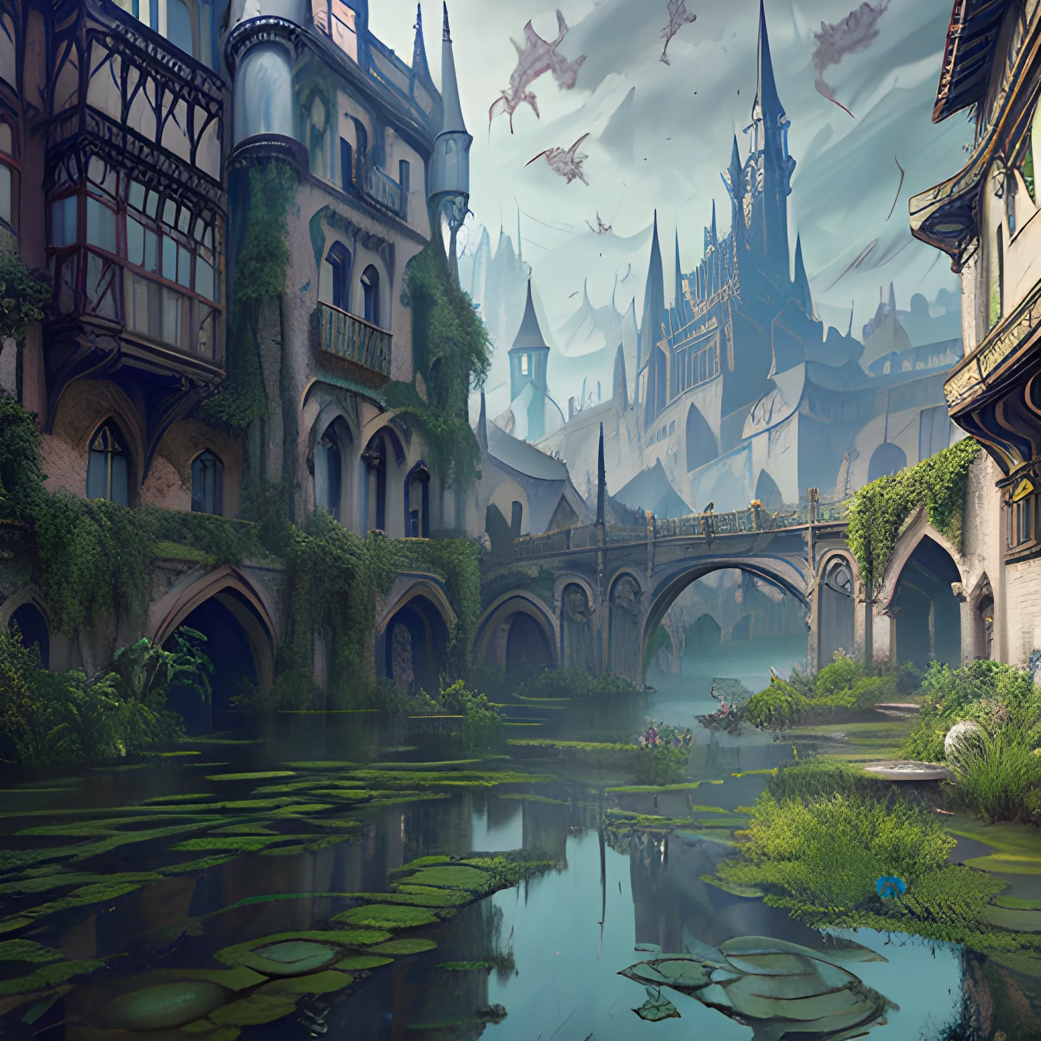 masterpiece, perspective, curious old secret flooded medieval city, cascading armor shops and potion shops, art nouveau, animation art, dark fantasy, overgrown with lush vegetation, cinematic, smooth, detailed, hyperrealism, very small aperture, clear reflection, post production, post-processing, 8k, retouch, HDR, Super-Resolution, Soft Lighting, Ray Tracing Global Illumination, Lumen Reflections, pastel color palette, art deco, Bloodborne feeling