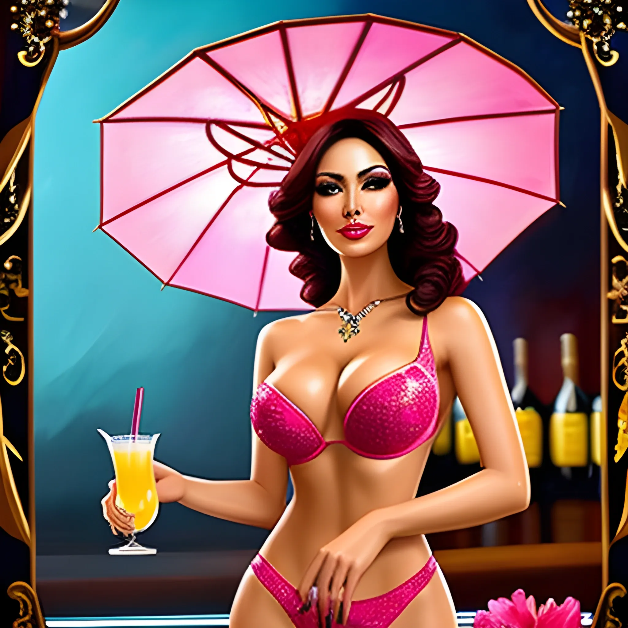 beautiful latin girl in a night club holding a pink cocktail in a champagne coup with a chinese drink umbrella in it, with dried colored flowered floating around, Oil Painting