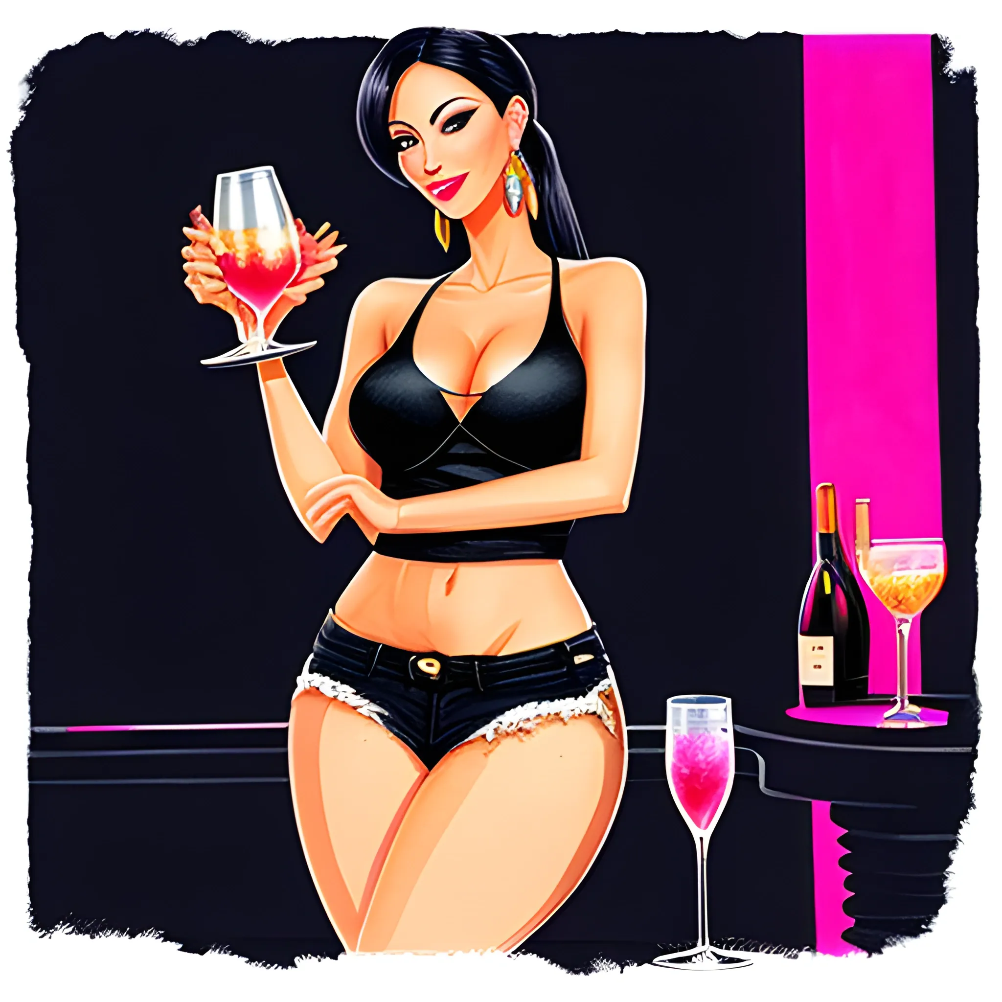 beautiful latin girl in a black tank top and jeans, in a dark night club holding a pink cocktail in a champagne coup with a chinese drink umbrella in the drink, with dried colored flowered floating around the girl, Water Color