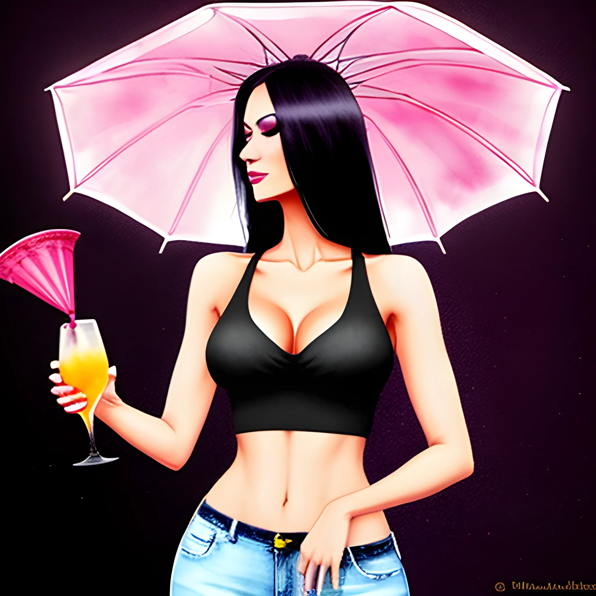 ethereal light colors, beautiful latin girl in a black tank top and jeans, in a dark night club holding a pink cocktail in a champagne coup with a chinese drink umbrella in the drink, with dried colored flowered floating around the girl, Water Color