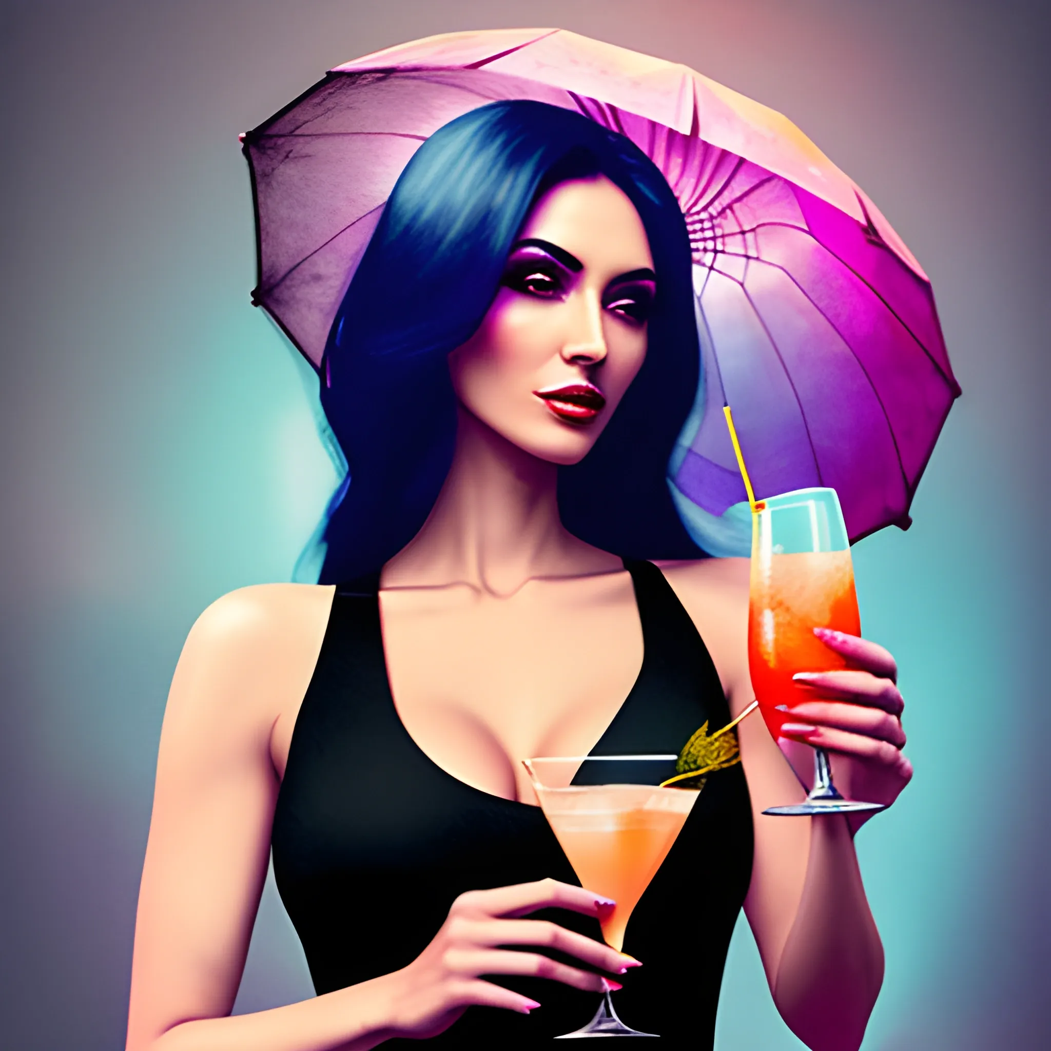 ethereal light colors, beautiful latin girl in a black tank top and jeans, in a dark night club holding a pink cocktail in a champagne coup with a chinese drink umbrella in the drink, with dried colored flowered floating around the girl, Water Color, like a dream, dried flowers floating in the air