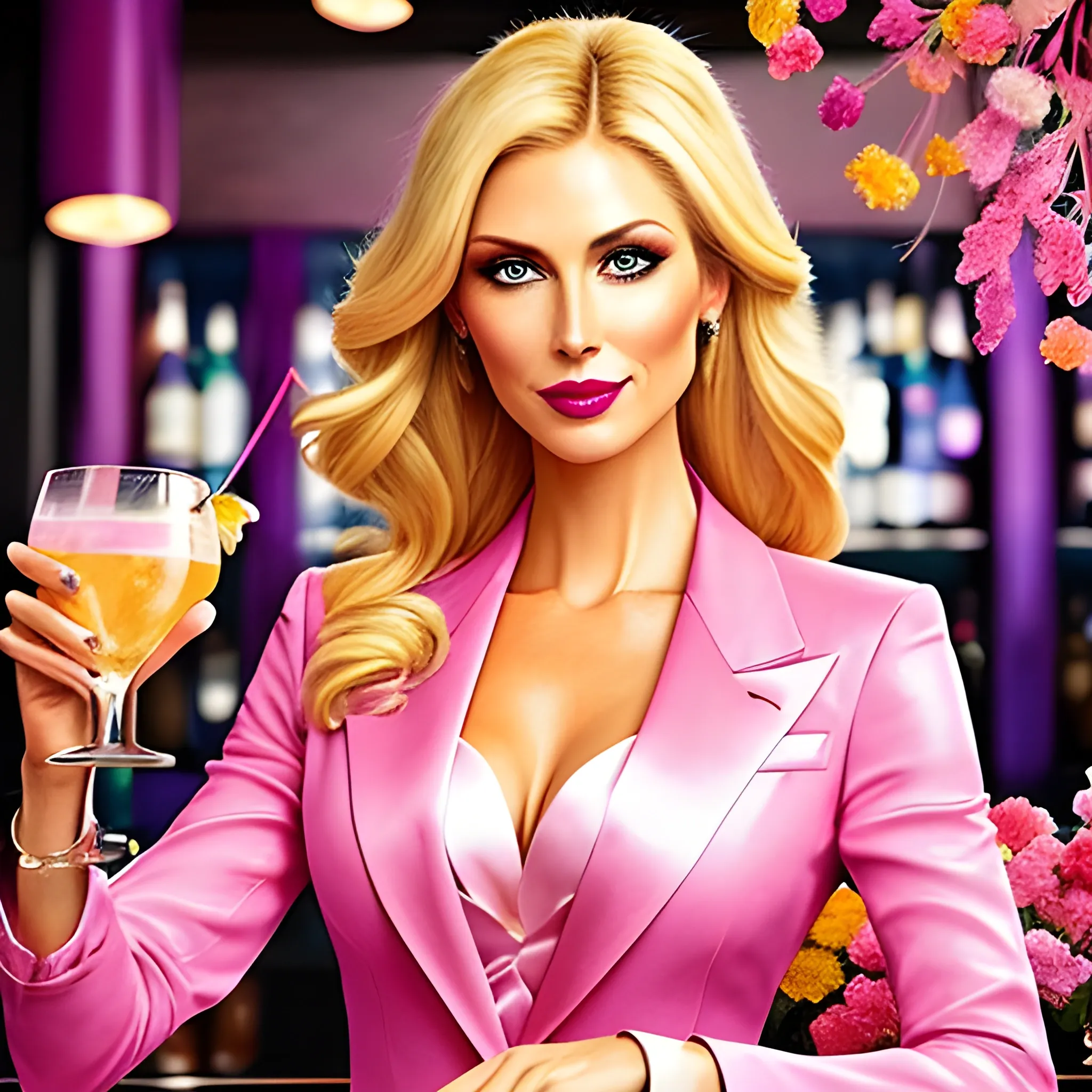  Water Color, very dreamy, a beautiful rich blonde woman in a pink blazer and matching pants, in a dark bar setting and holding a cocktail in a champagne coup with flowers in it, and small dried flowers in all colors floating around her in the air