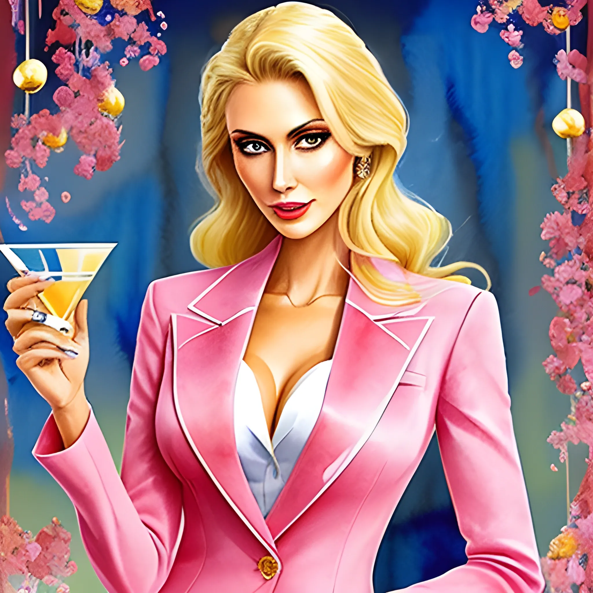  Water Color, very dreamy, a beautiful rich blonde woman in a pink blazer and matching pants, in a dark bar setting and holding a cocktail in a champagne coup with flowers in it, and small dried flowers in all colors floating around her in the air, very unrealistic style