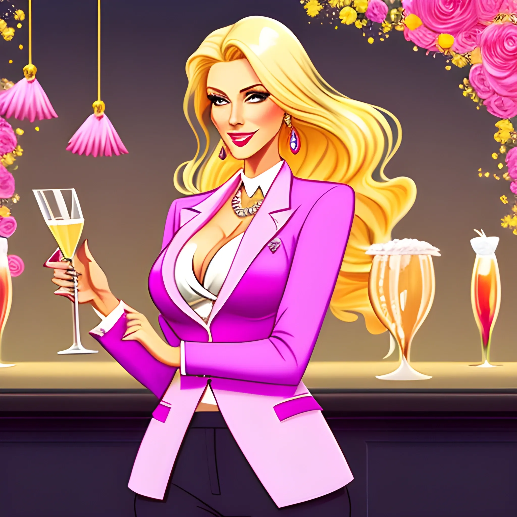  very dreamy, a beautiful rich blonde woman in a pink blazer and matching pants, in a dark bar setting and holding a cocktail in a champagne coup with flowers in it, and small dried flowers in all colors floating around her in the air, very unrealistic style, Cartoon