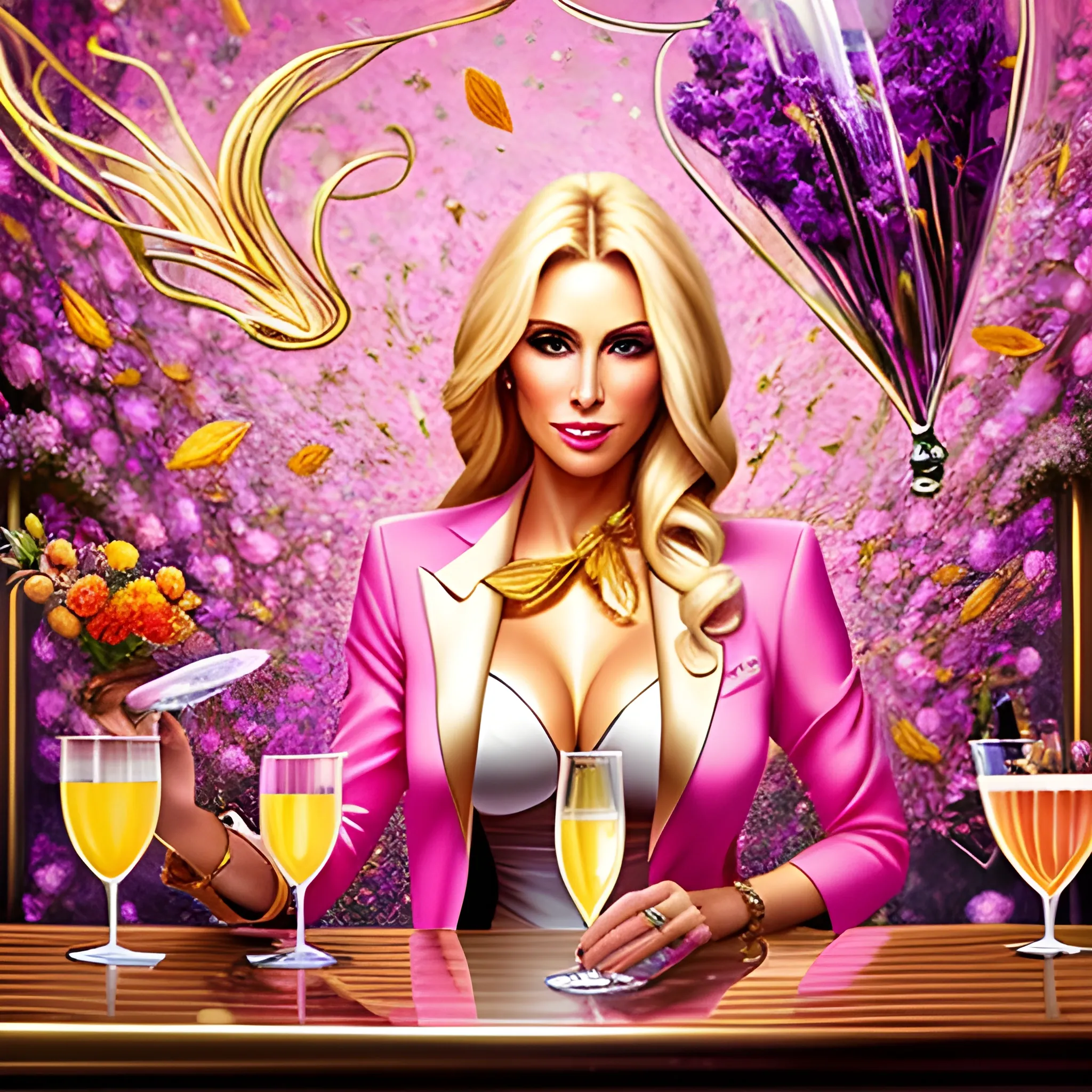  very dreamy, a beautiful rich blonde woman in a pink blazer and matching pants, in a dark bar setting and holding a cocktail in a champagne coup with flowers in it, and small dried flowers in all colors floating around her in the air, very unrealistic style, , Oil Painting, Trippy