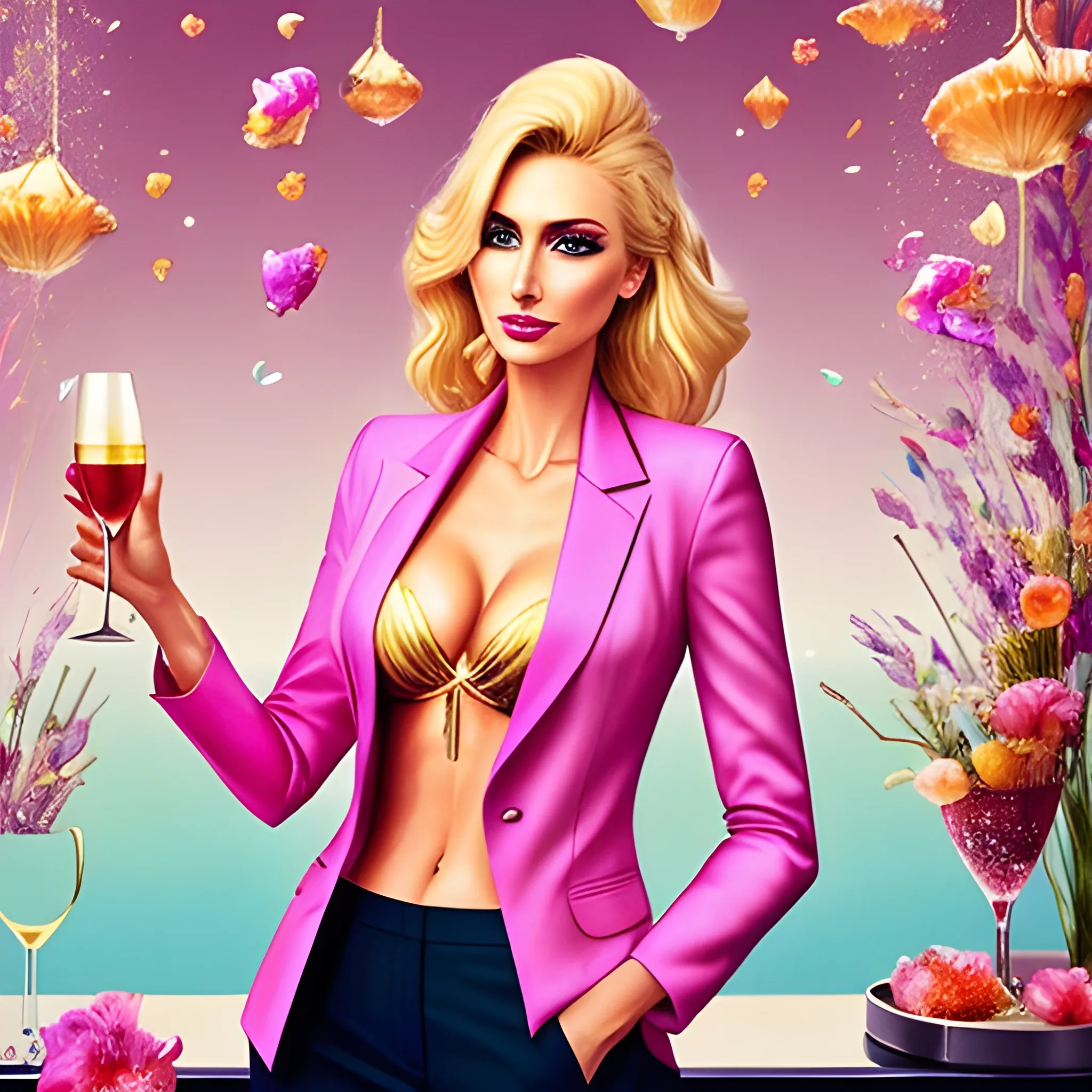  very dreamy, a beautiful rich blonde woman in a pink blazer and matching pants, in a dark bar setting and holding a cocktail in a champagne coup with flowers in it, and small dried flowers in all colors floating around her in the air, very unrealistic style,  Trippy, Water Color