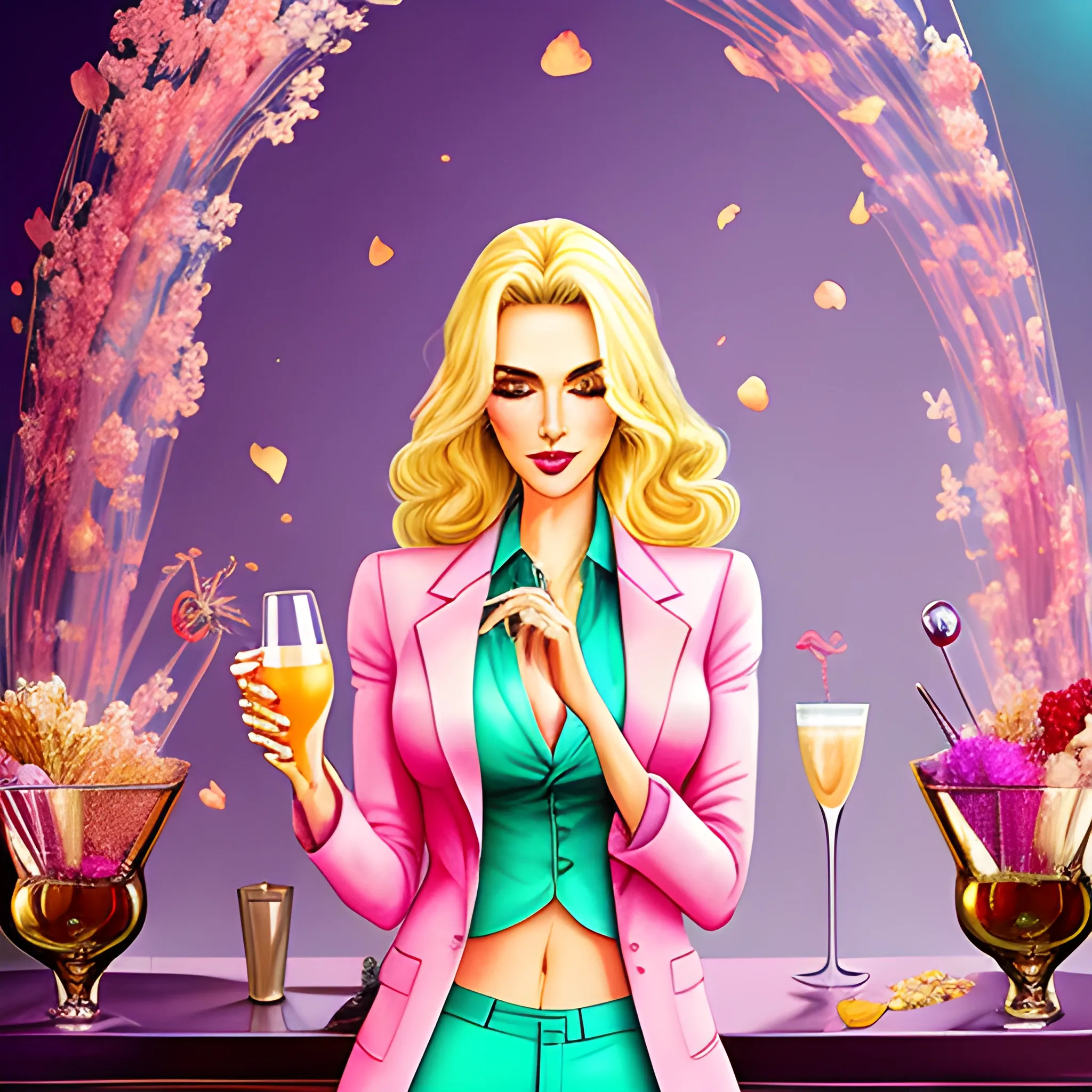  very dreamy, a beautiful rich blonde woman in a conservative pink blazer and matching pants, in a dark bar setting and holding a cocktail in a champagne coup with flowers in it, and small dried flowers in all colors floating around her in the air, very unrealistic style,  Trippy, Water Color