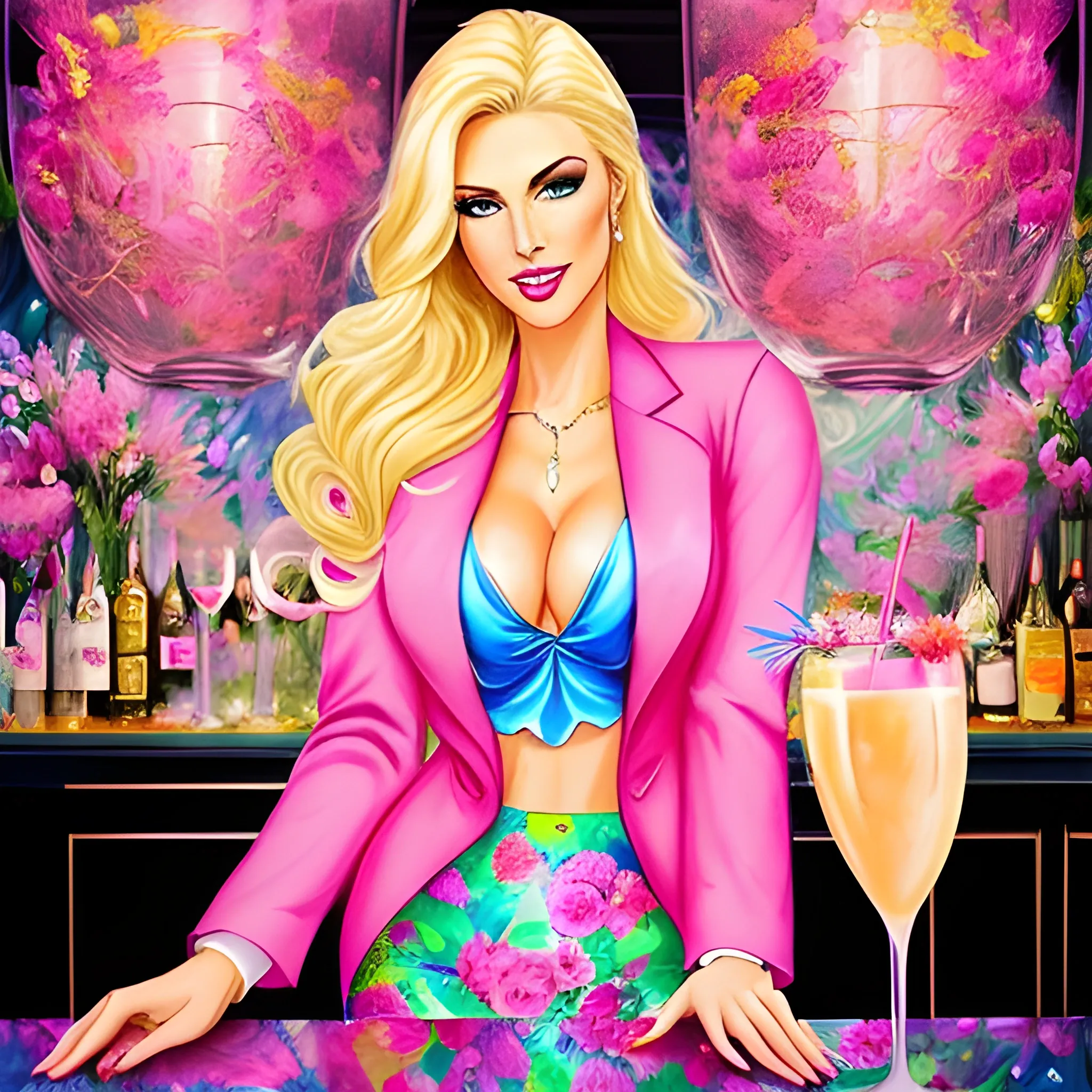  very dreamy, a beautiful rich blonde woman in a conservative pink blazer and matching pink pants, in a dark bar setting with flowers everywhere and holding a cocktail in a champagne coup with flowers in it, and small dried flowers in all colors floating around her in the air, very unrealistic style,  Trippy, Water Color