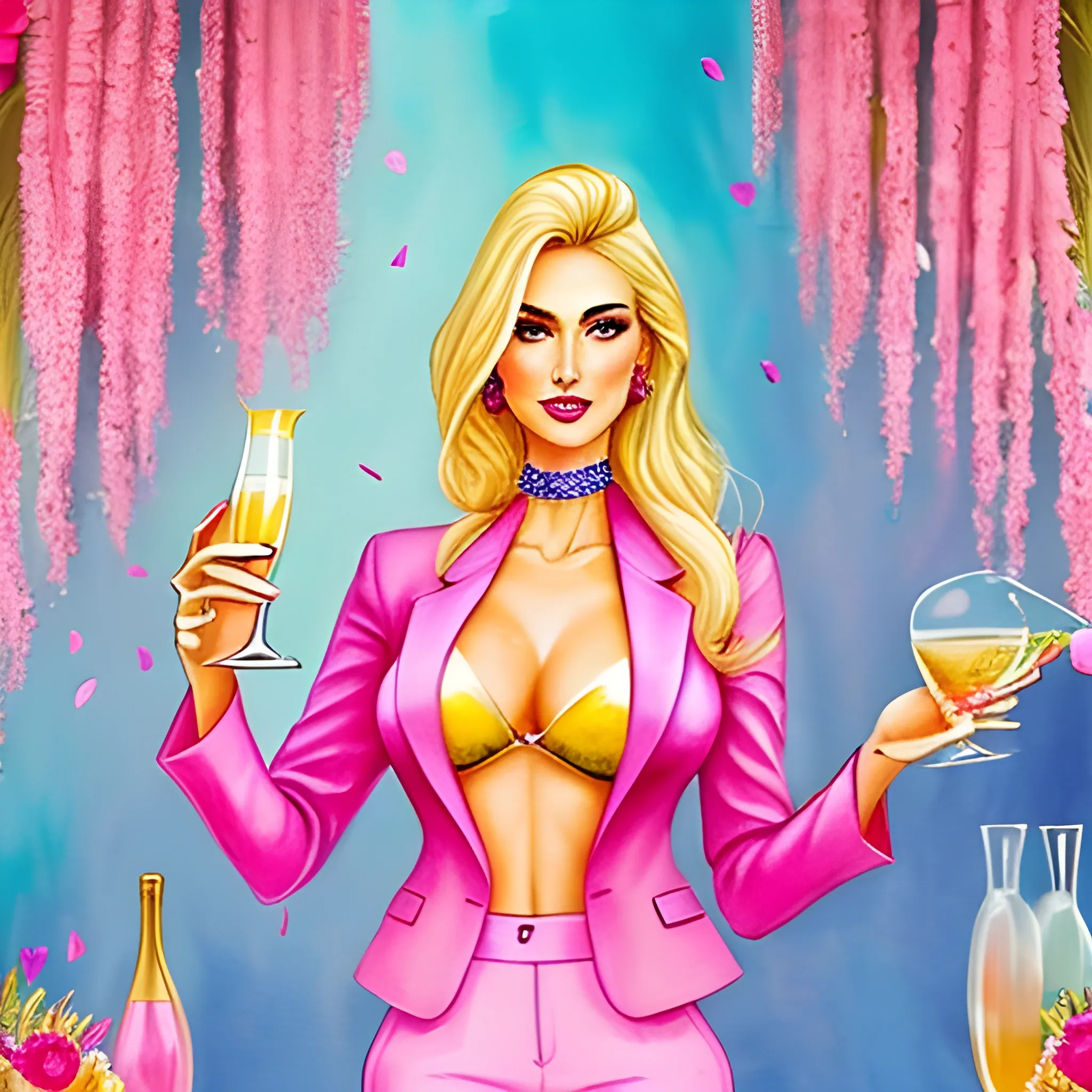  very dreamy, a beautiful rich ethnic blonde woman in a conservative pink blazer and matching pink pants, in a dark bar setting with flowers everywhere and holding a cocktail in a champagne coup with flowers in it, and small dried flowers in all colors floating around her in the air, very unrealistic style,  Trippy, Water Color