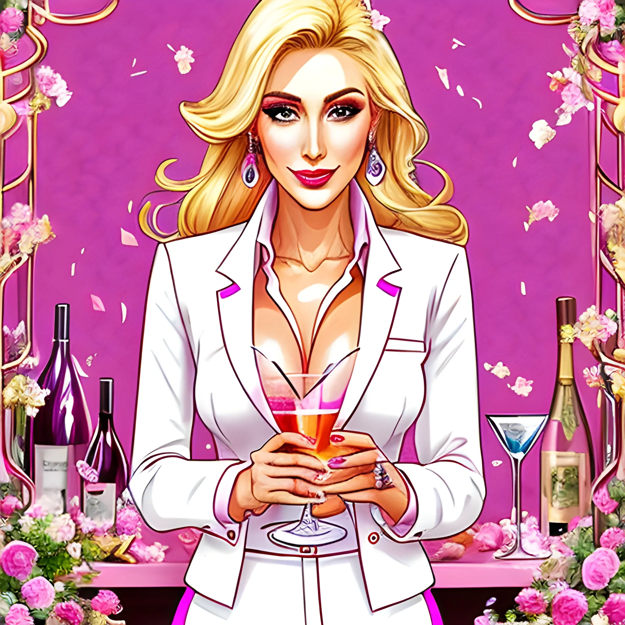  very dreamy, a beautiful rich ethnic blonde woman in a conservative pink blazer with white shirt on underneath and matching pink pants, in a dark bar setting with flowers everywhere and holding a cocktail in a champagne coup with flowers in it, and small dried flowers in all colors floating around her in the air, very unrealistic style,  Trippy, Water Color