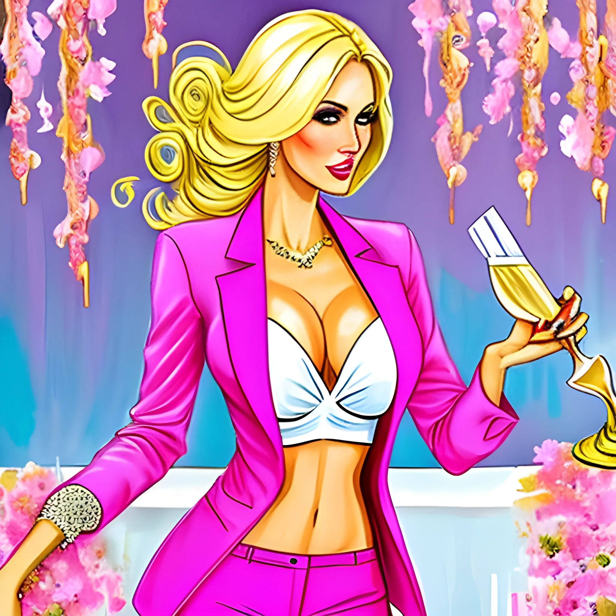  very dreamy, a beautiful rich latin blonde woman in a conservative bright pink blazer with white shirt on underneath showing no cleavage and matching pink pants, in a dark bar setting with flowers everywhere and holding a cocktail in a champagne coup with flowers in it, and small dried flowers in all colors floating around her in the air, very unrealistic style,  Trippy, Water Color