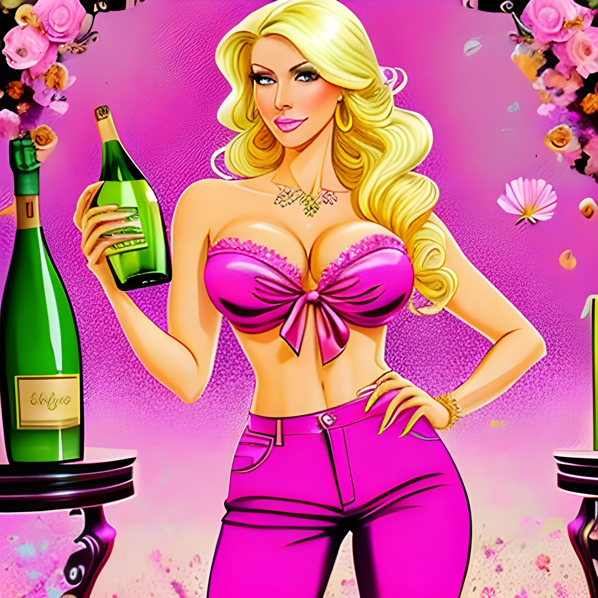  very dreamy, a beautiful rich latin blonde woman in a conservative buttoned up bright pink shirt buttoned up showing zero cleavage and matching pink pants, in a dark bar setting with bottles with flowers in it, flowers everywhere and holding a cocktail in a champagne coup with flowers in it, and small dried flowers in all colors floating around her in the air, very unrealistic style,  Trippy, Water Color