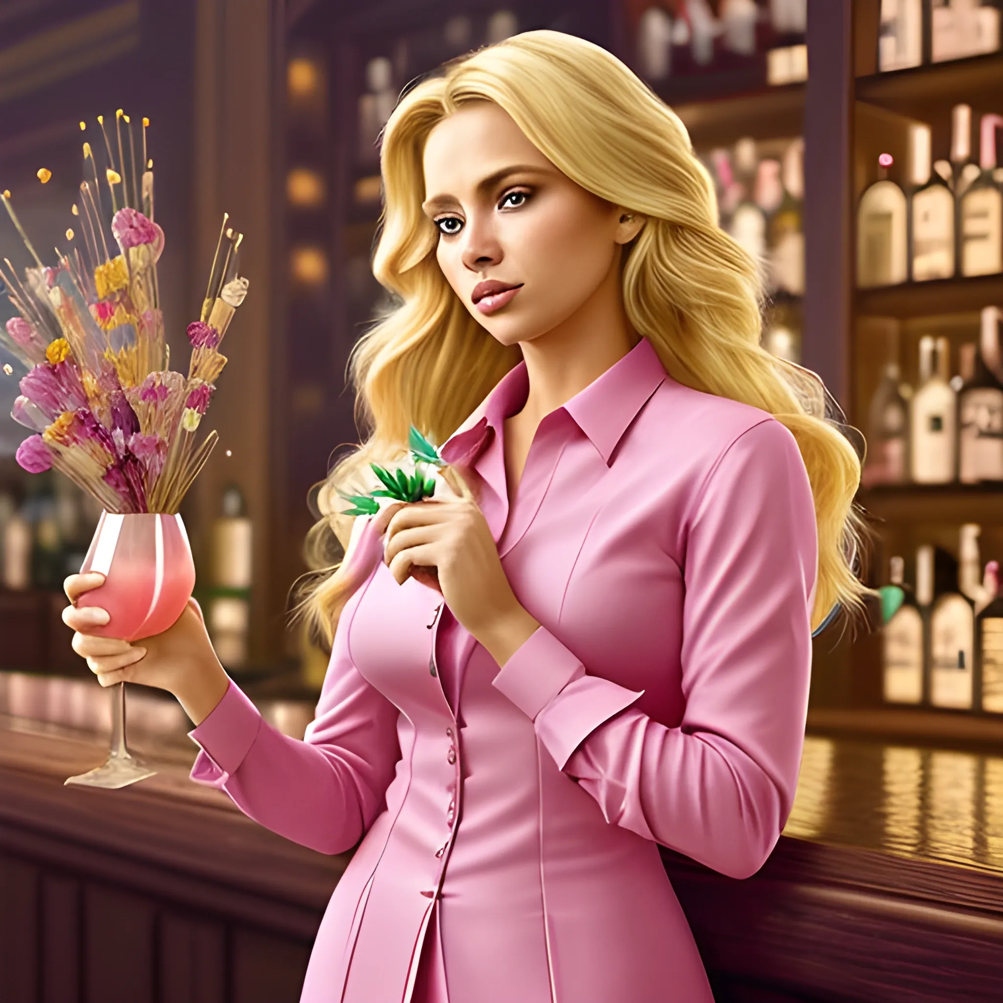 colored pencil, beautiful latin rich blonde woman in a pink conservative suit,shirt buttoned up all the way,  in a dark fancy bar setting, holding a cocktail with dried flowers in it, with dried flowers of all colors floating in the air around her