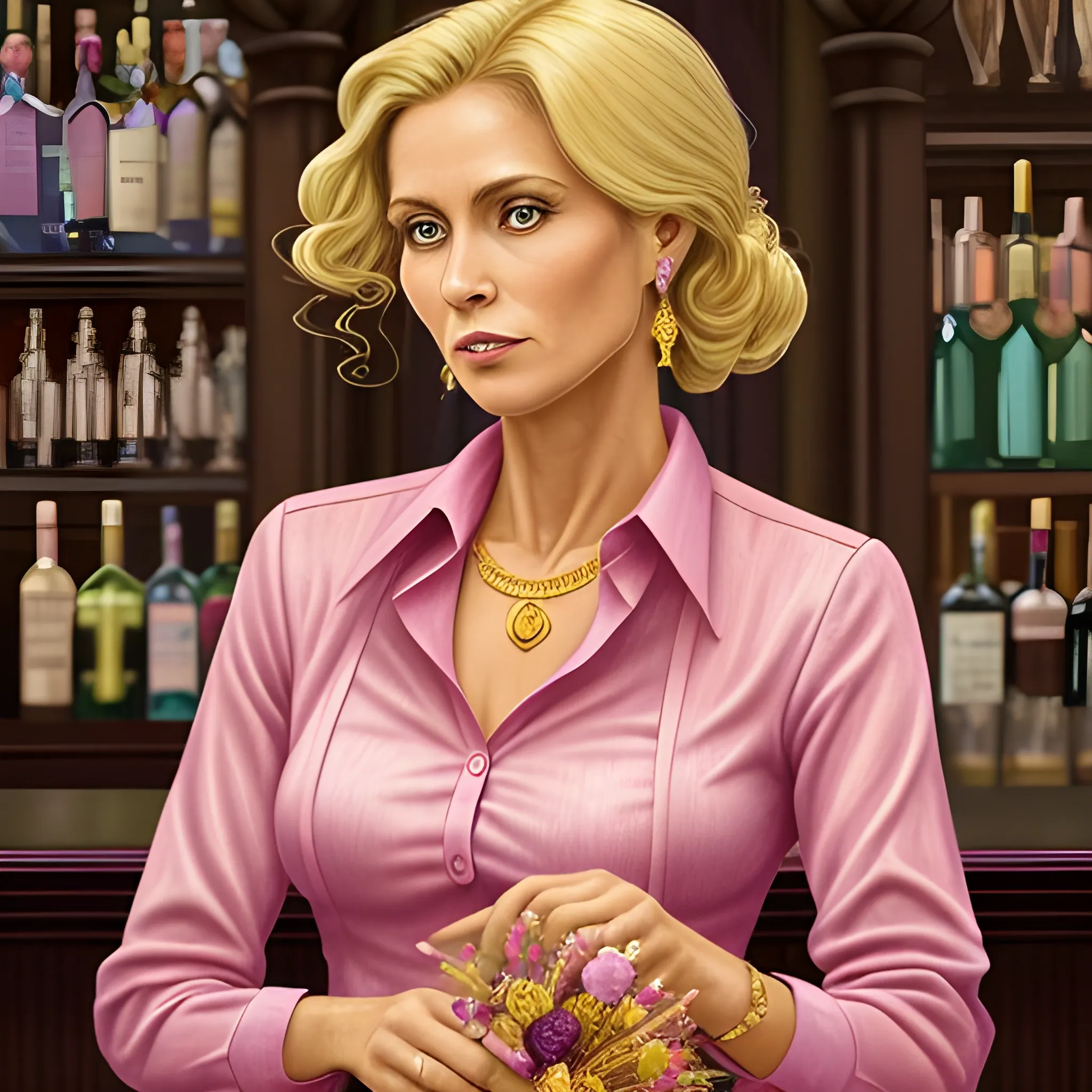 colored pencil, middle aged beautiful latin rich blonde woman in a pink conservative suit,shirt buttoned up all the way, gold jewelry,  in a dark fancy bar setting, holding a cocktail with flowers in it, with dried flowers of all colors floating in the air around her