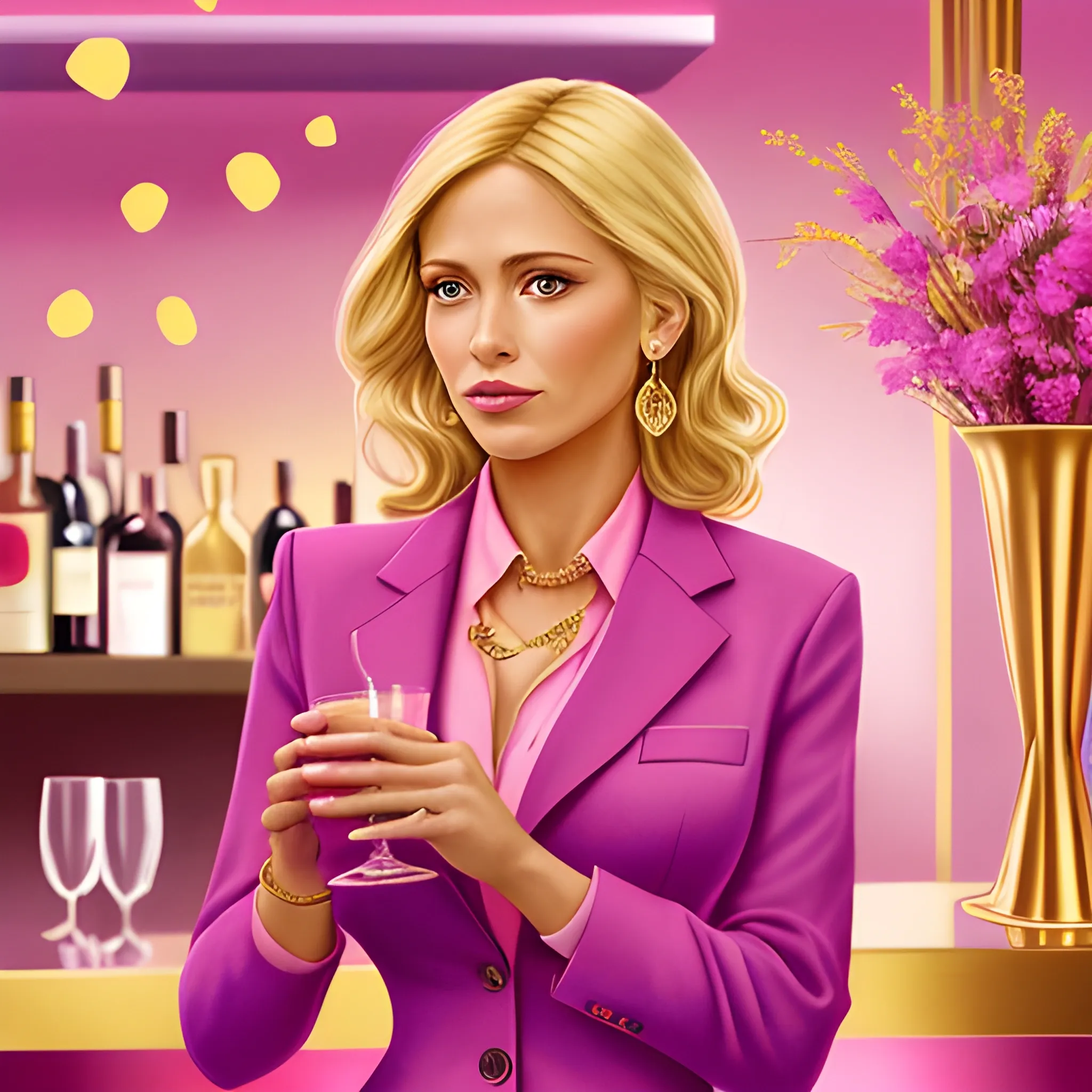 colored pencil, 30 year old beautiful latin rich blonde woman in a pink conservative suit,shirt buttoned up all the way, gold jewelry,  in a dark fancy bar setting, holding a pink cocktail with flowers in it, with dried flowers of all colors floating in the air around her