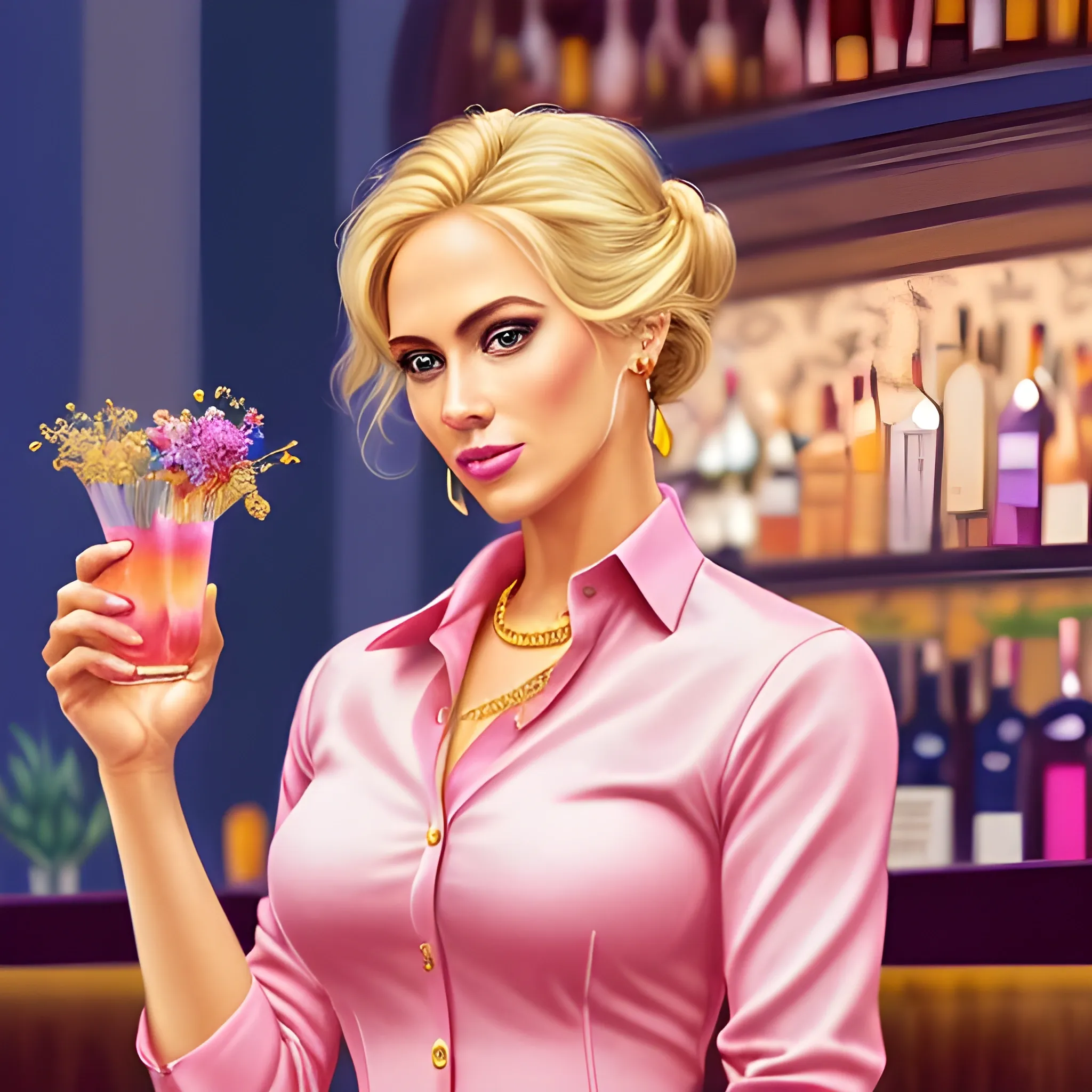 colored pencil, 30 year old beautiful latin rich blonde woman in a pink conservative suit,shirt buttoned up all the way, gold jewelry,  hair in a loose bun, in a dark fancy bar setting, holding a pink cocktail with flowers in it, with dried flowers of all colors floating in the air around her