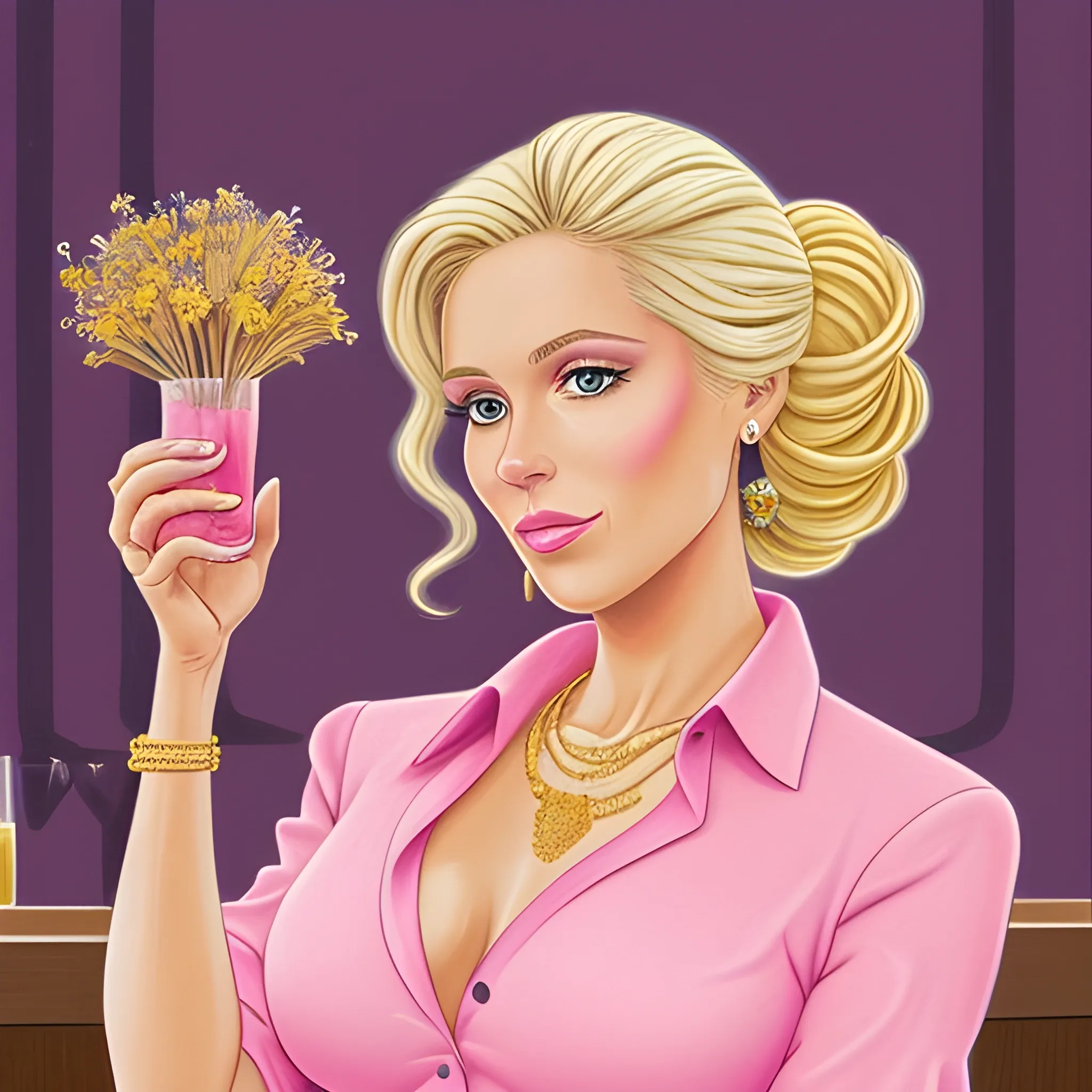 colored pencil, 30 year old beautiful latin rich blonde woman in a pink conservative suit,shirt buttoned up all the way, gold jewelry,  hair in a loose bun, in a dark fancy bar setting, holding a pink cocktail with flowers in it, with dried flowers of all colors floating in the air around her, Cartoon