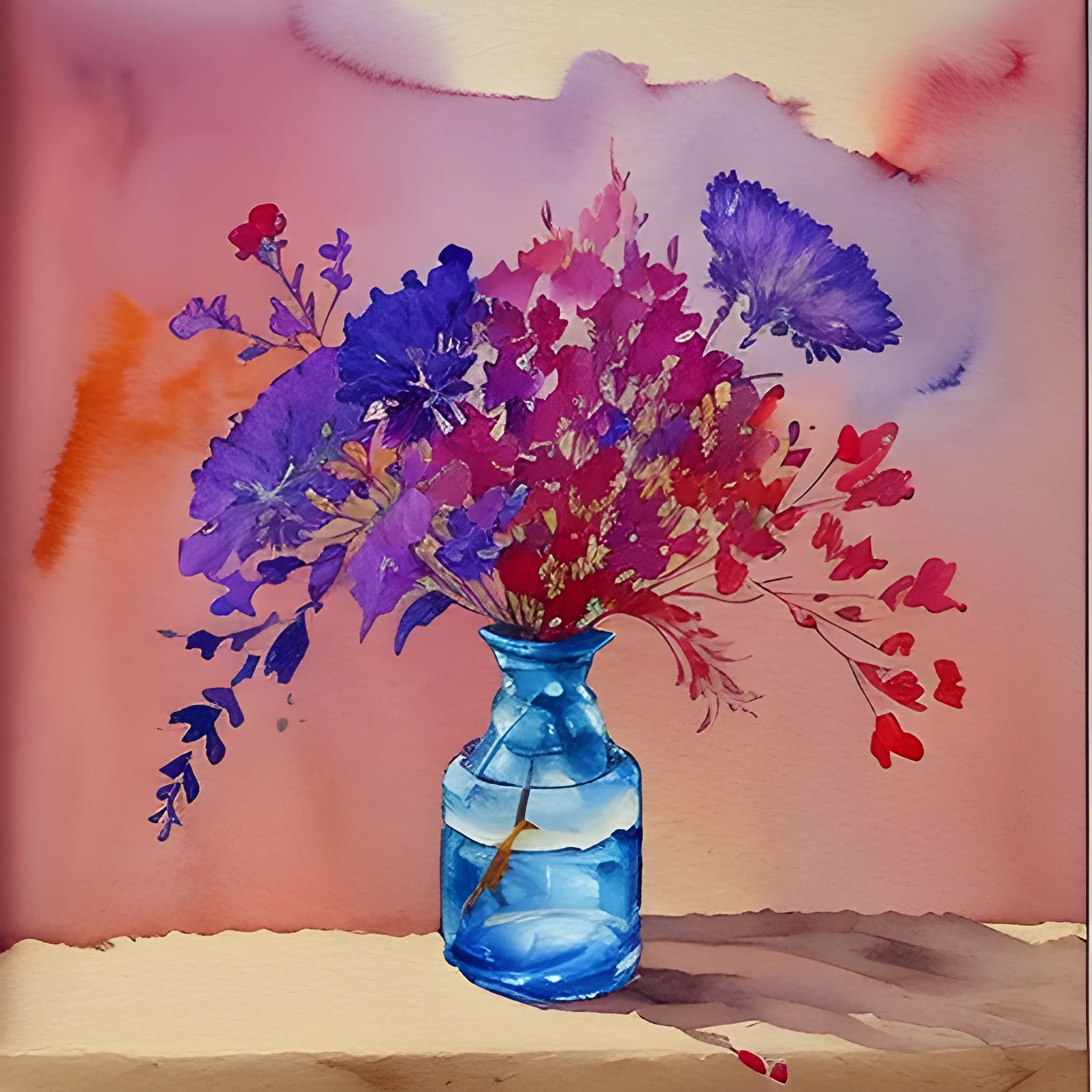 , Water Color, Oil Painting, make a rectangle of pink, red, purple and blue dried flowers