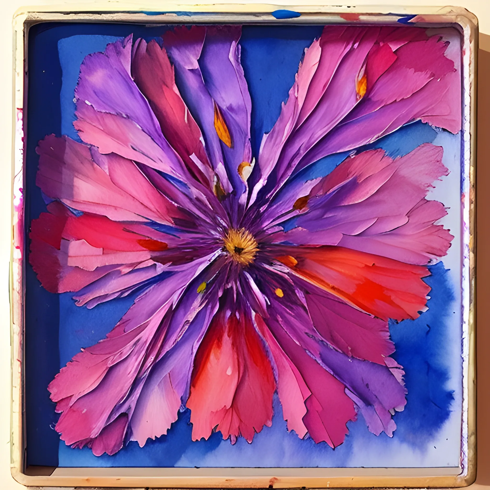 , Water Color, Oil Painting, make a rectangle of pink, red, purple and blue dried flowers only around the edges of the rectangle