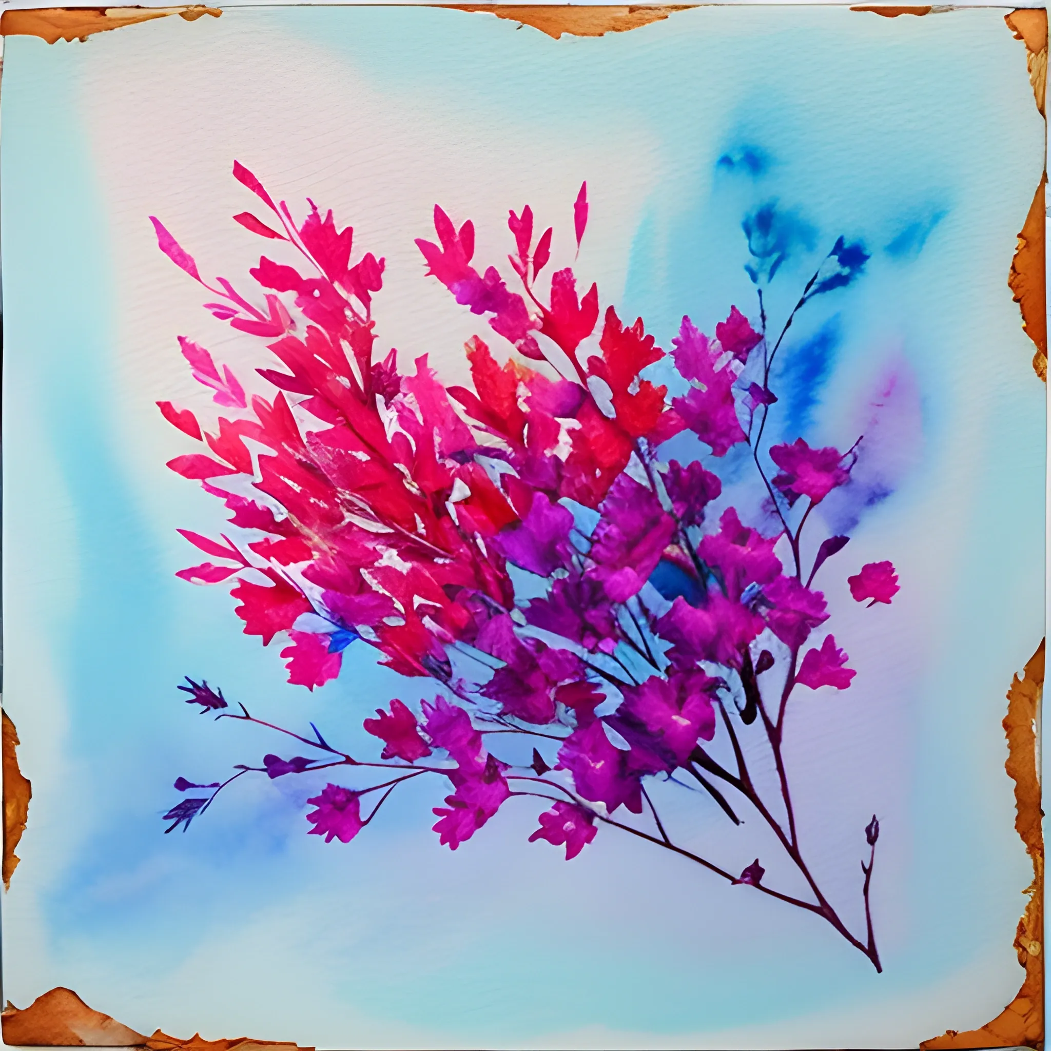 , Water Color, Oil Painting, make a rectangle of small pink, red, purple and blue dried flowers only around the edges of the rectangle