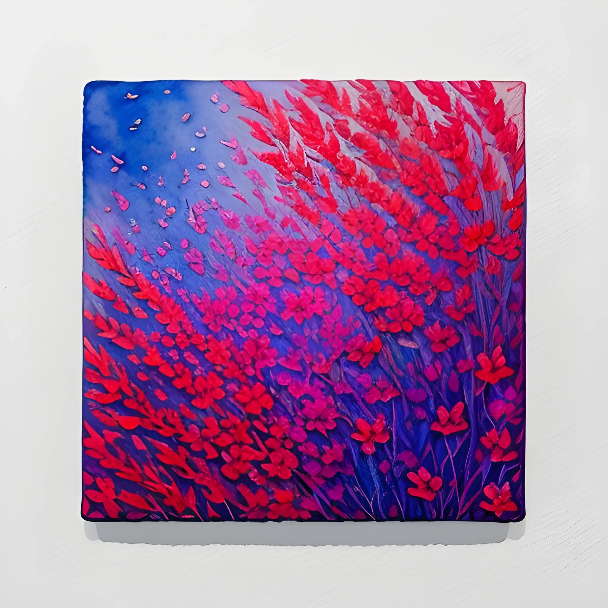 , Water Color, Oil Painting, make a rectangle of small pink, red, purple and blue dried flowers only around the edges of the rectangle with white in the middle