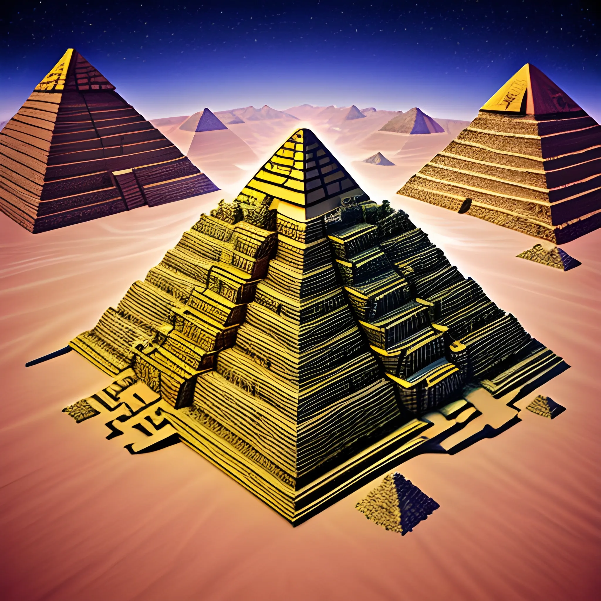 pyramids of an ancient lost civilization. hyper detailed, complex, ultra long shot, Trippy, 3D