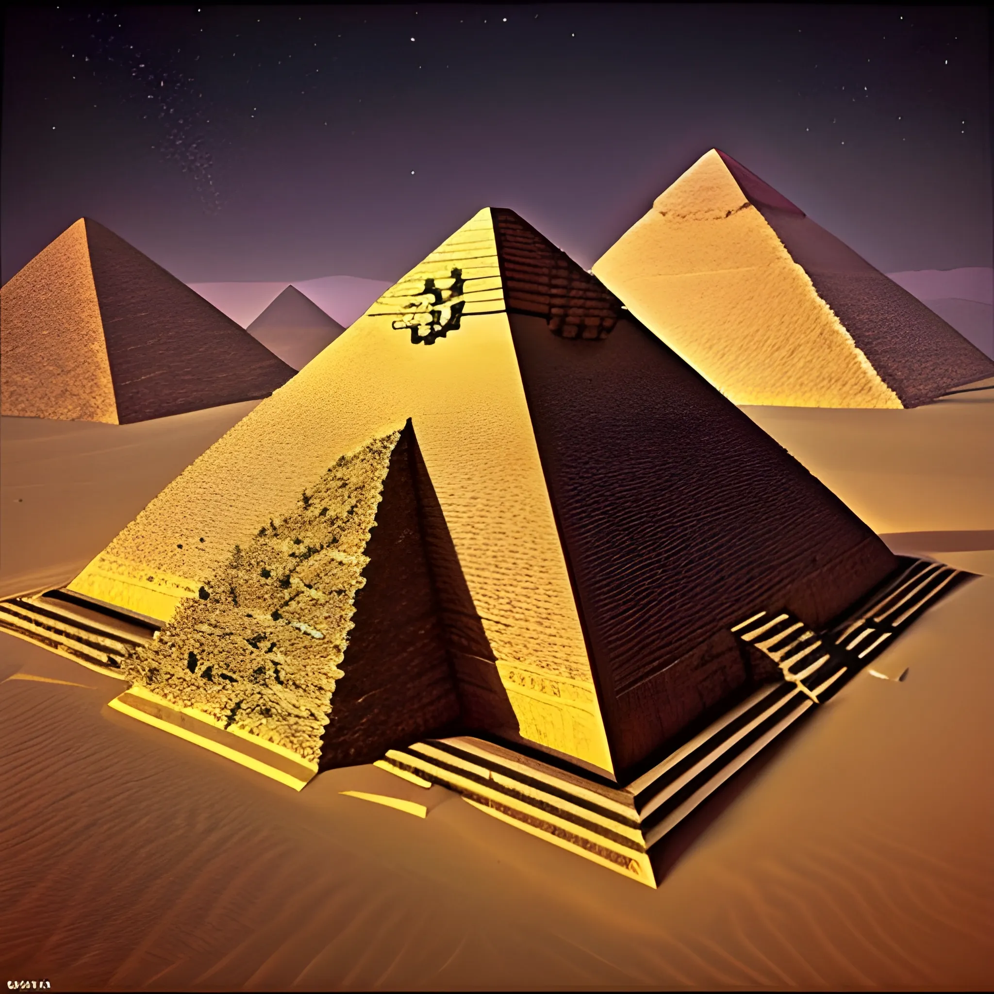 pyramids of an ancient lost civilization. pyramids are black and hover above ground. hyper detailed, complex, ultra long shot,, Trippy