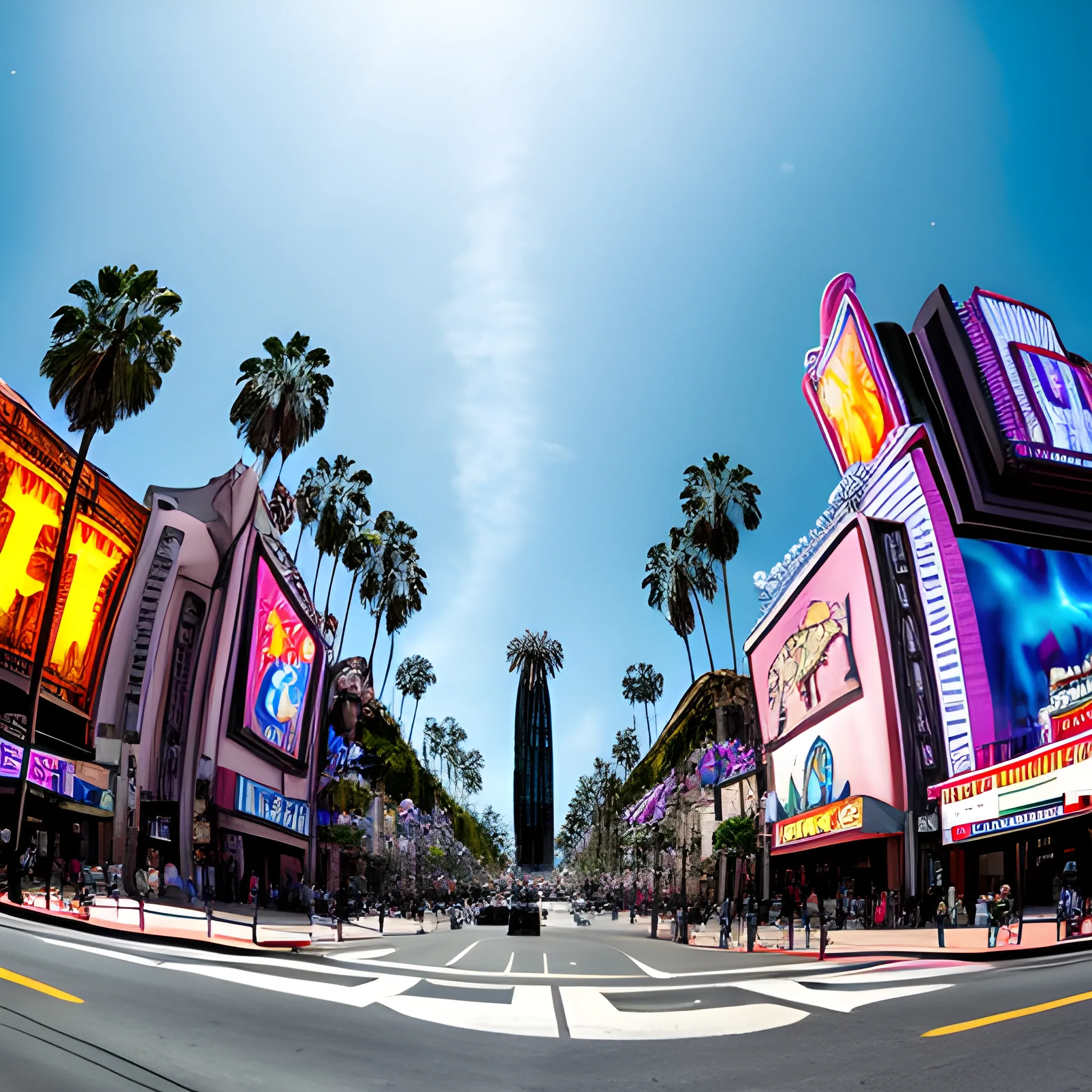 ultra wide angle shot of hollywood boulevard during the day. no people, Trippy