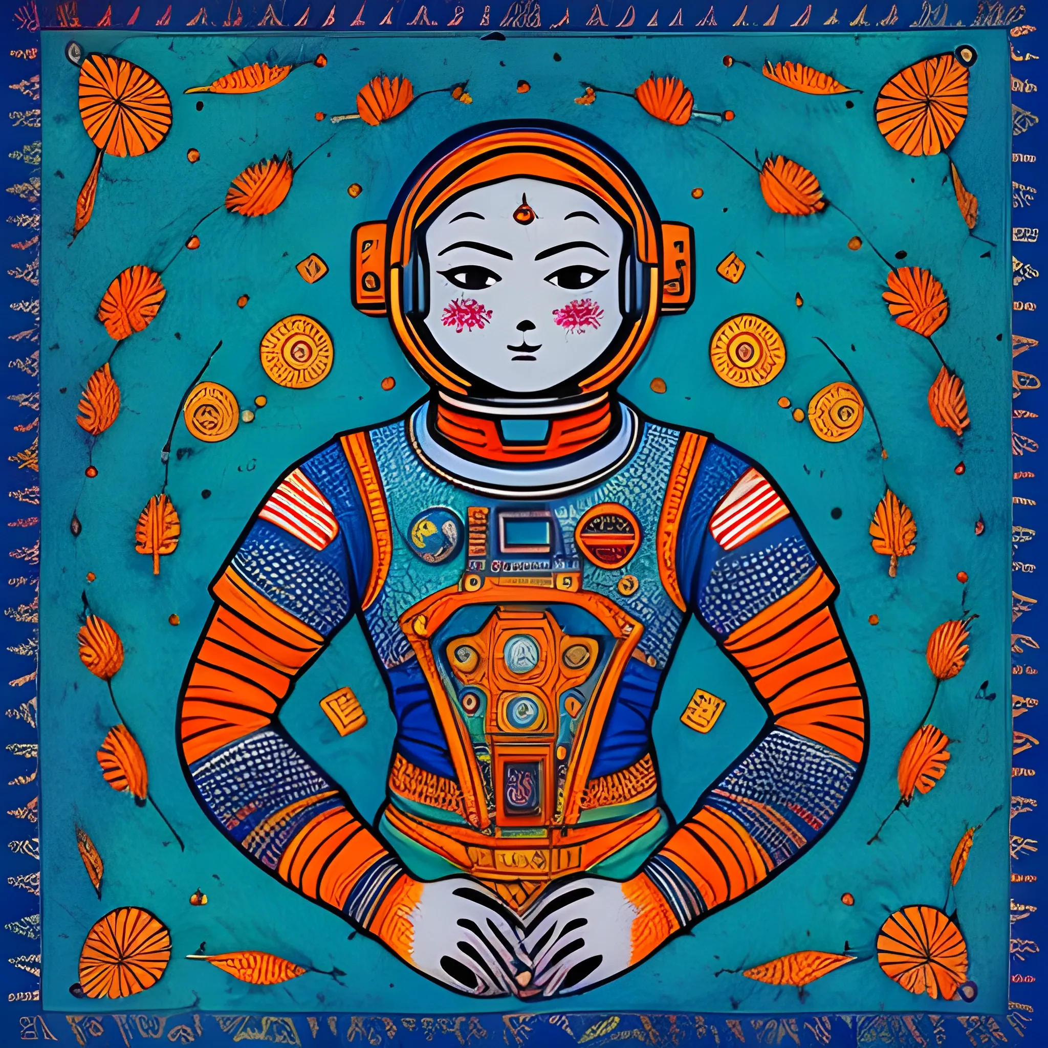 a one astronaut, intricate, elegant, sharp focus, soft lighting, vibrant colors, in the style of Madhubani