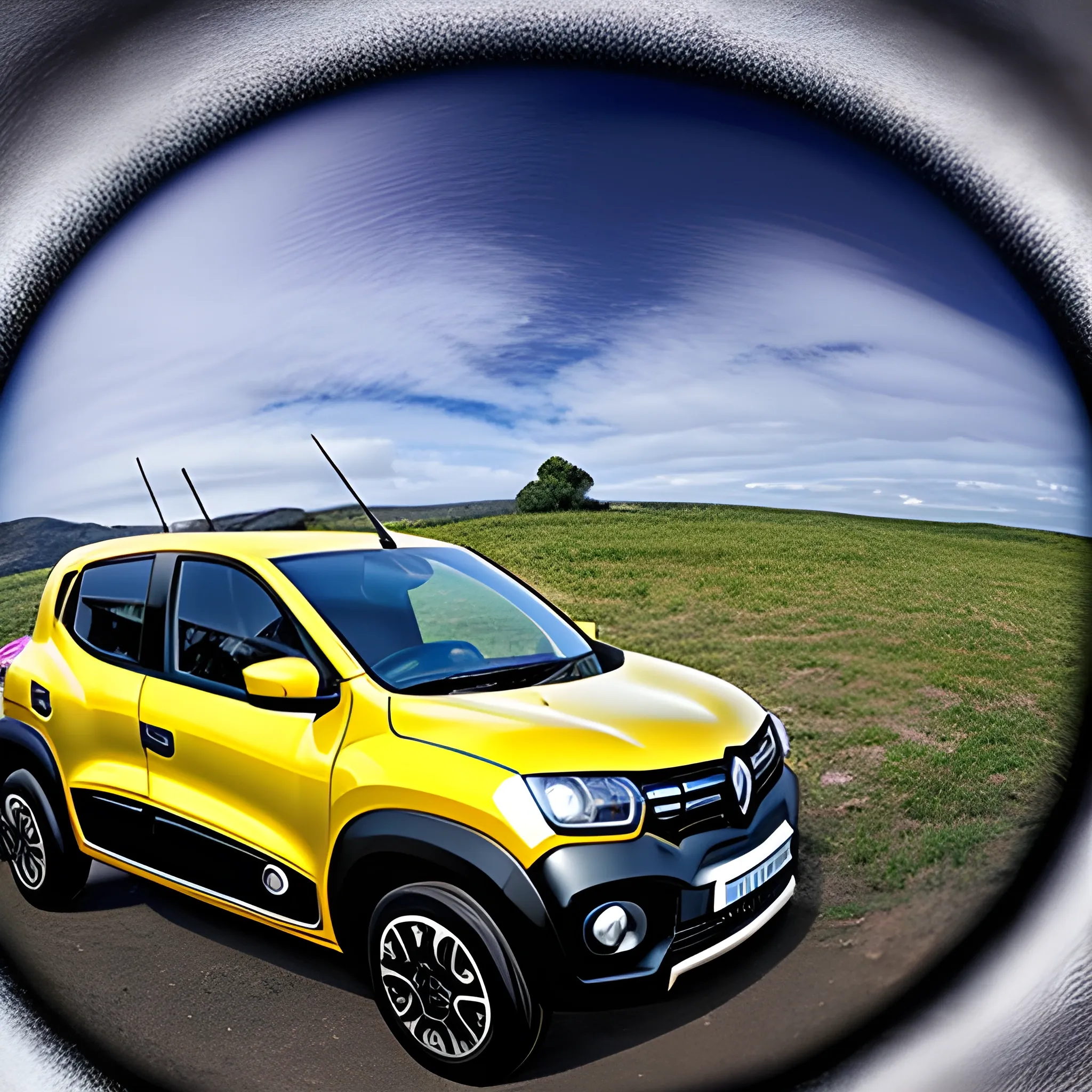 ultra detailed, Renault KWID Model driving, perfect composition, BREAK, Design an image with a fish eye lens effect, capturing a wide field of view with a distinctive, curved perspective, Trippy