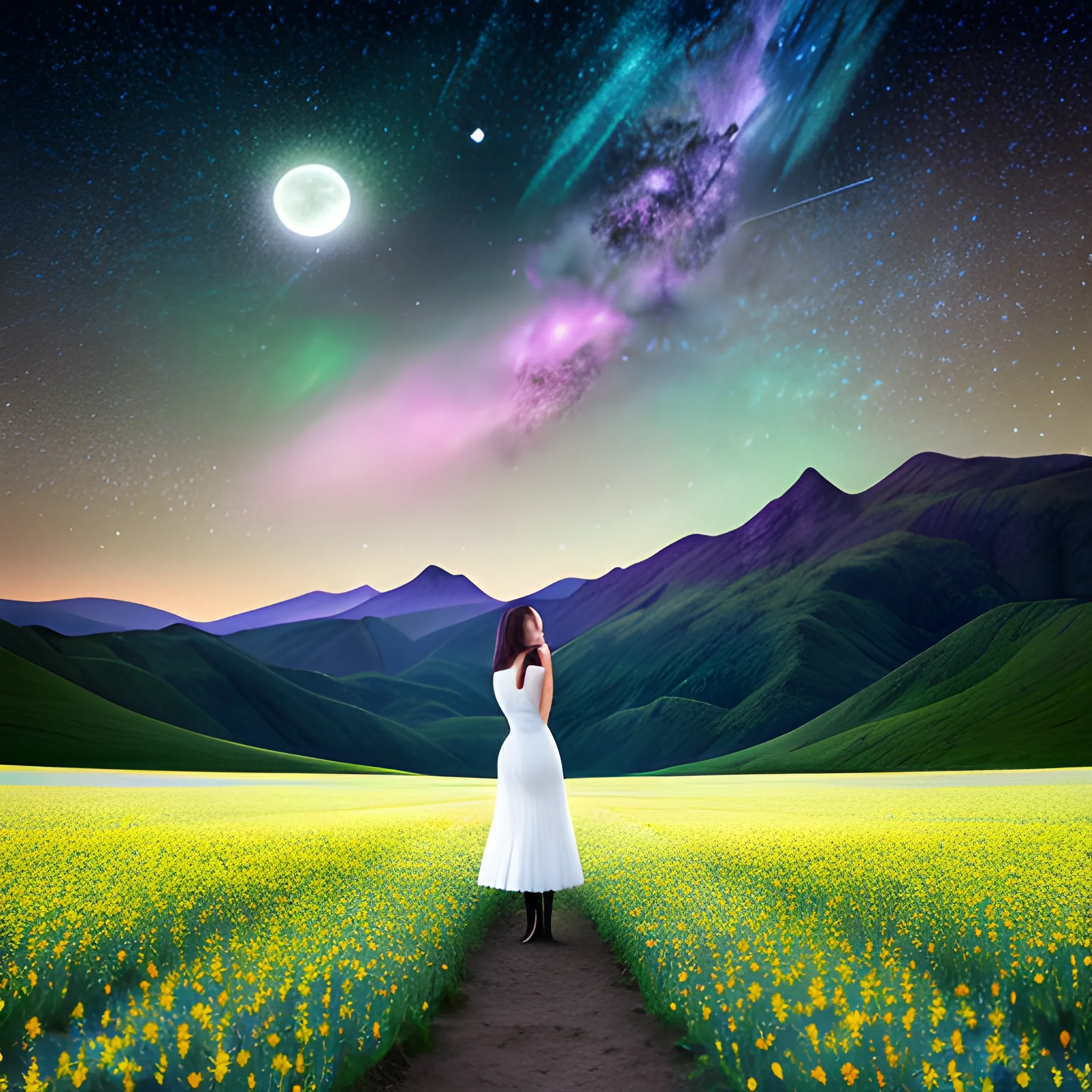 Expansive landscape photograph, Young girl standing in a flower field looking up, (full moon: 1.2), (shooting star: 0.9), (nebula: 1.3), distant mountain, (warm light source: 1.2), (firefly: 1.2), lamp, white and light green, intricate detail, volume lighting (masterpiece: 1.2), (highest quality ), 4k, ultra-detailed, (dynamic configuration: 1.4), highly detailed and colorful details (iridescent: 1.2),
