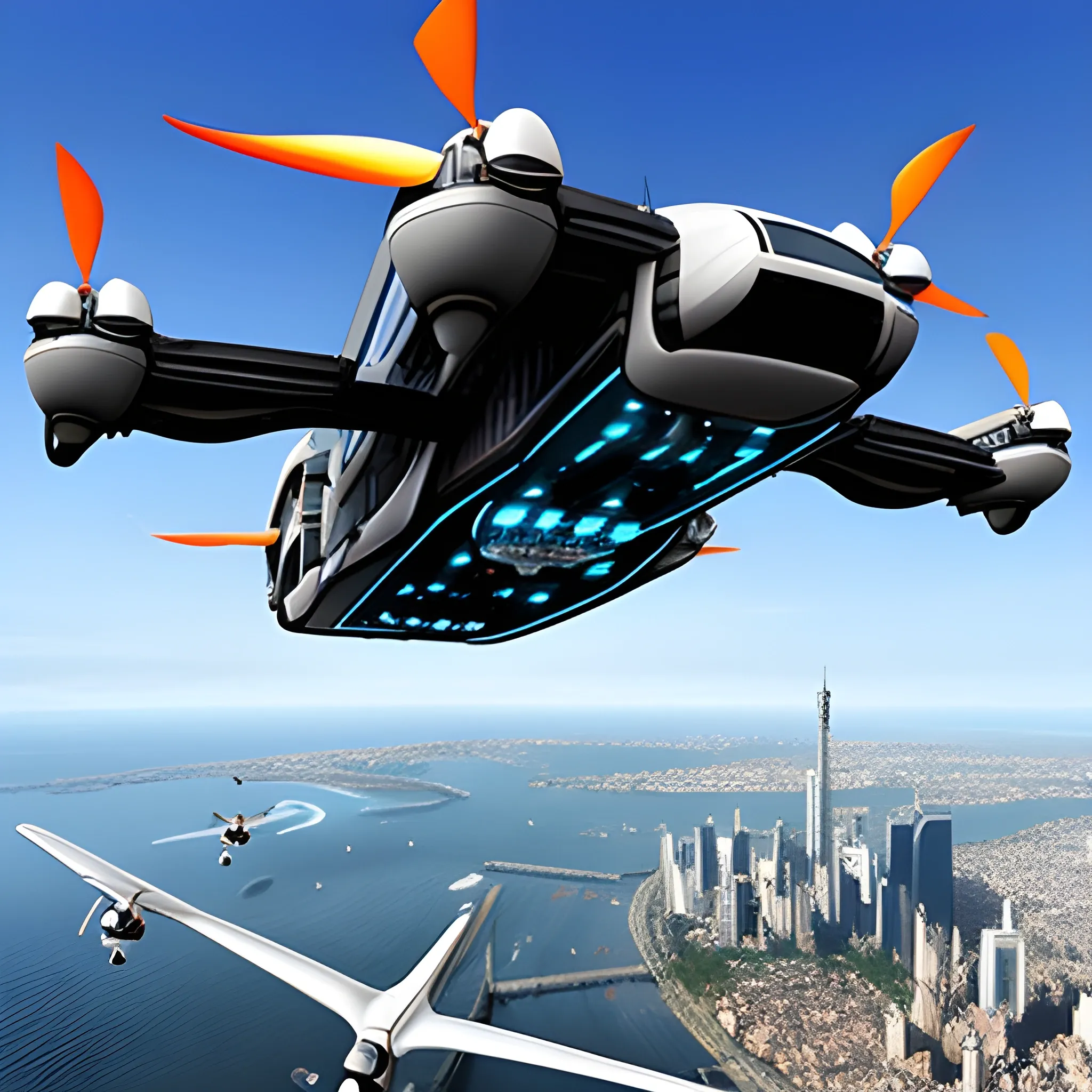 Futuristic flying car with Propeller wings, in the sky, below you can see the futuristic city, 