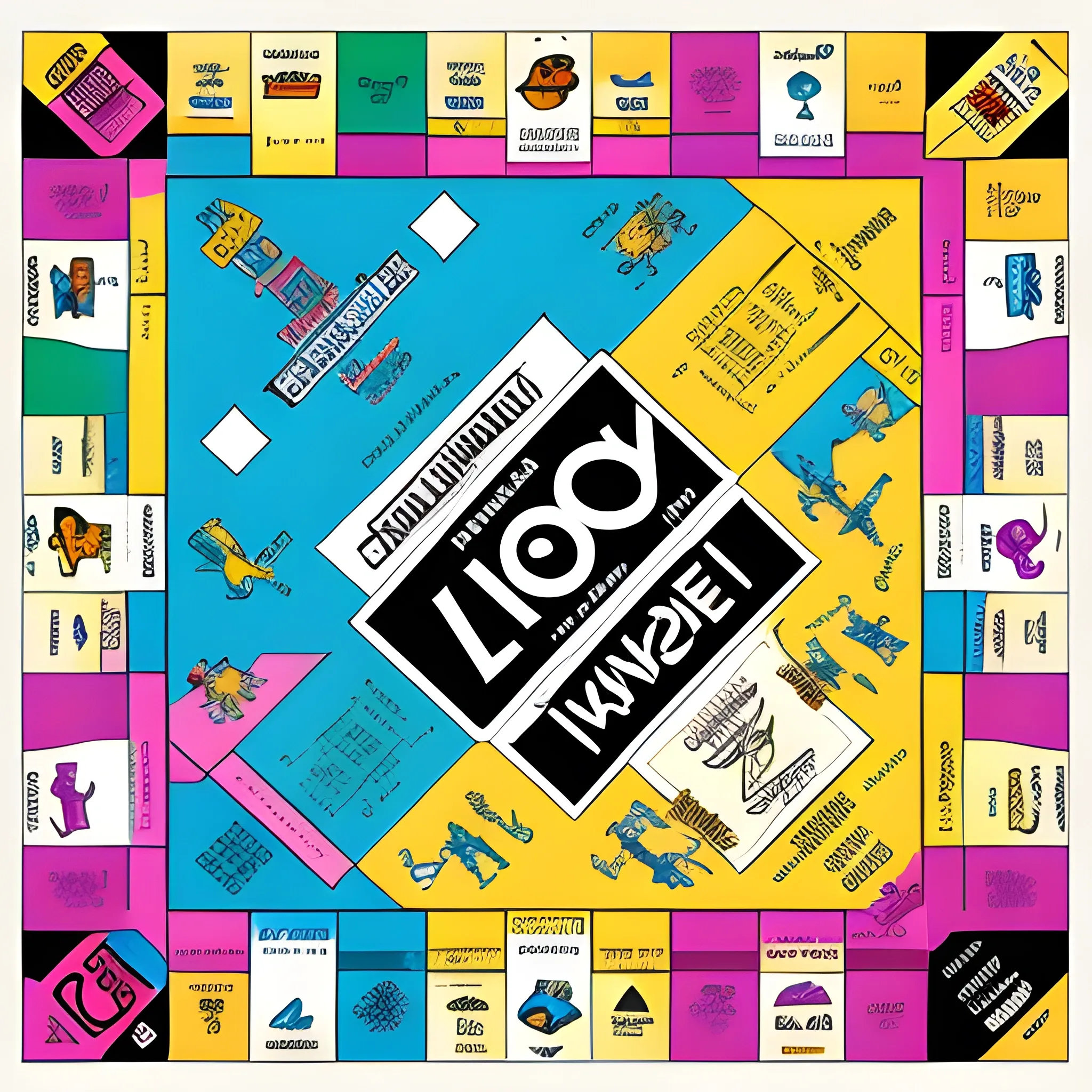 Ein lebendiges Monopoly-Spielabend-Szenario, Familie und Freunde lachen und konkurrieren um den Sieg, das Spielbrett reich an Farben und Details im Zentrum, Glücksmomente und strategische Diskussionen, Illustration, digitale Kunst in lebendigen Farben und einem Cartoon-Stil, --ar 16:9 --v 5, Cartoon