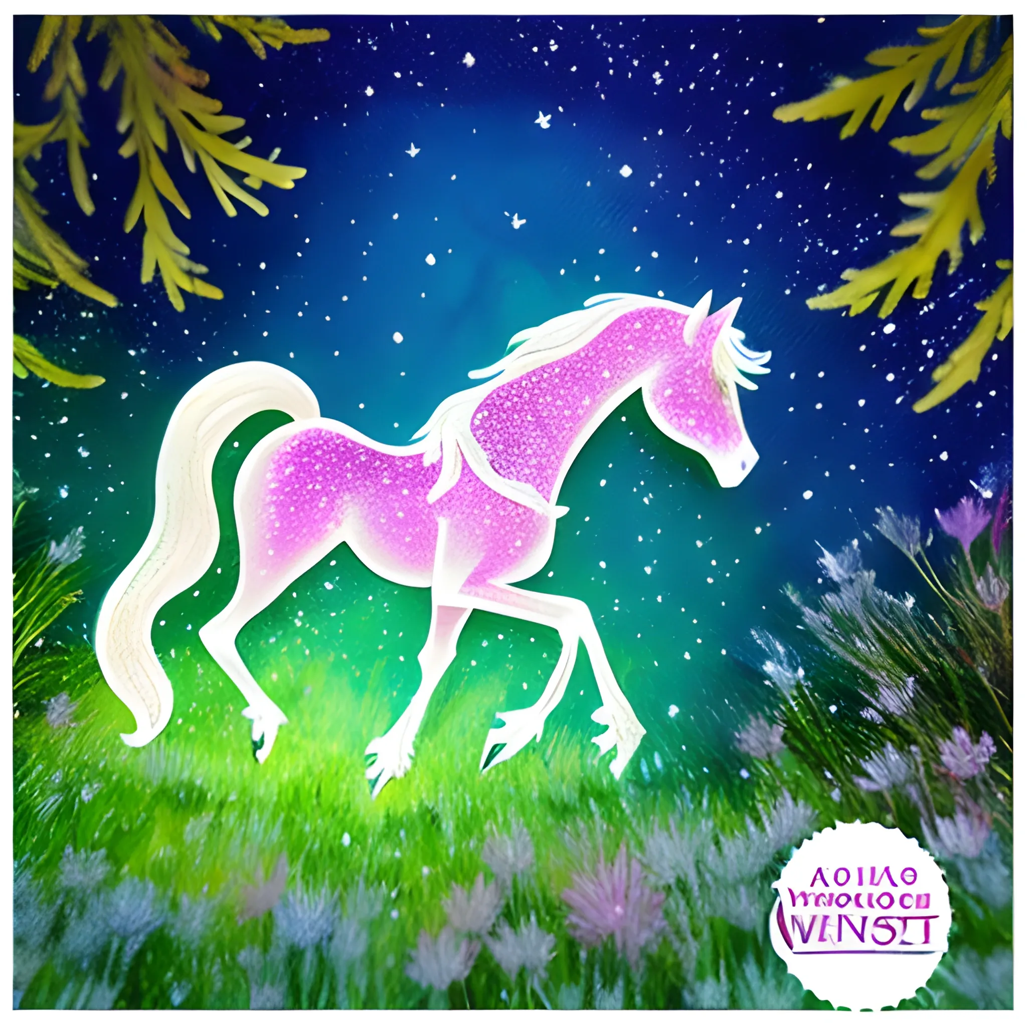 Ein magischer Moment mit My Little Pony in einem verzauberten Wald voller glitzernder Lichter und mystischer Kreaturen, Ponys beim Spielen und Entdecken neuer Freundschaften, eine Atmosphäre voller Wunder und Magie, Kunstwerk, Aquarell auf Papier mit leichten, pastellfarbenen Tönen, --ar 1:1 --v 5