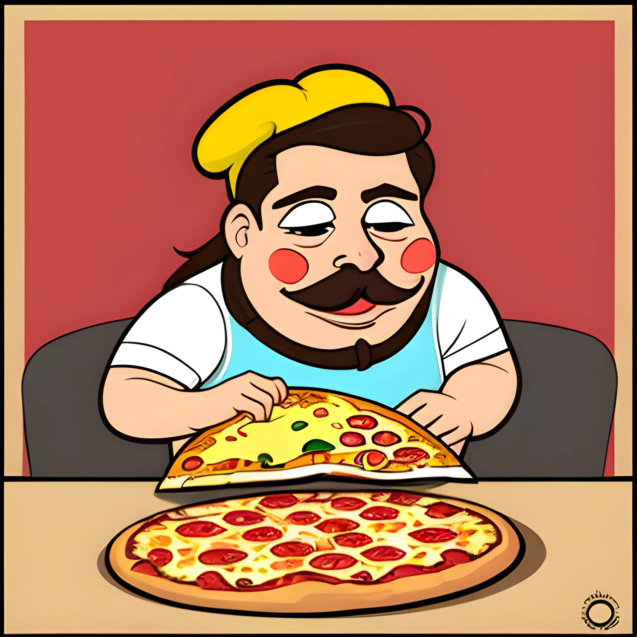 caricatura de una pizza comiendo una hamburguesa