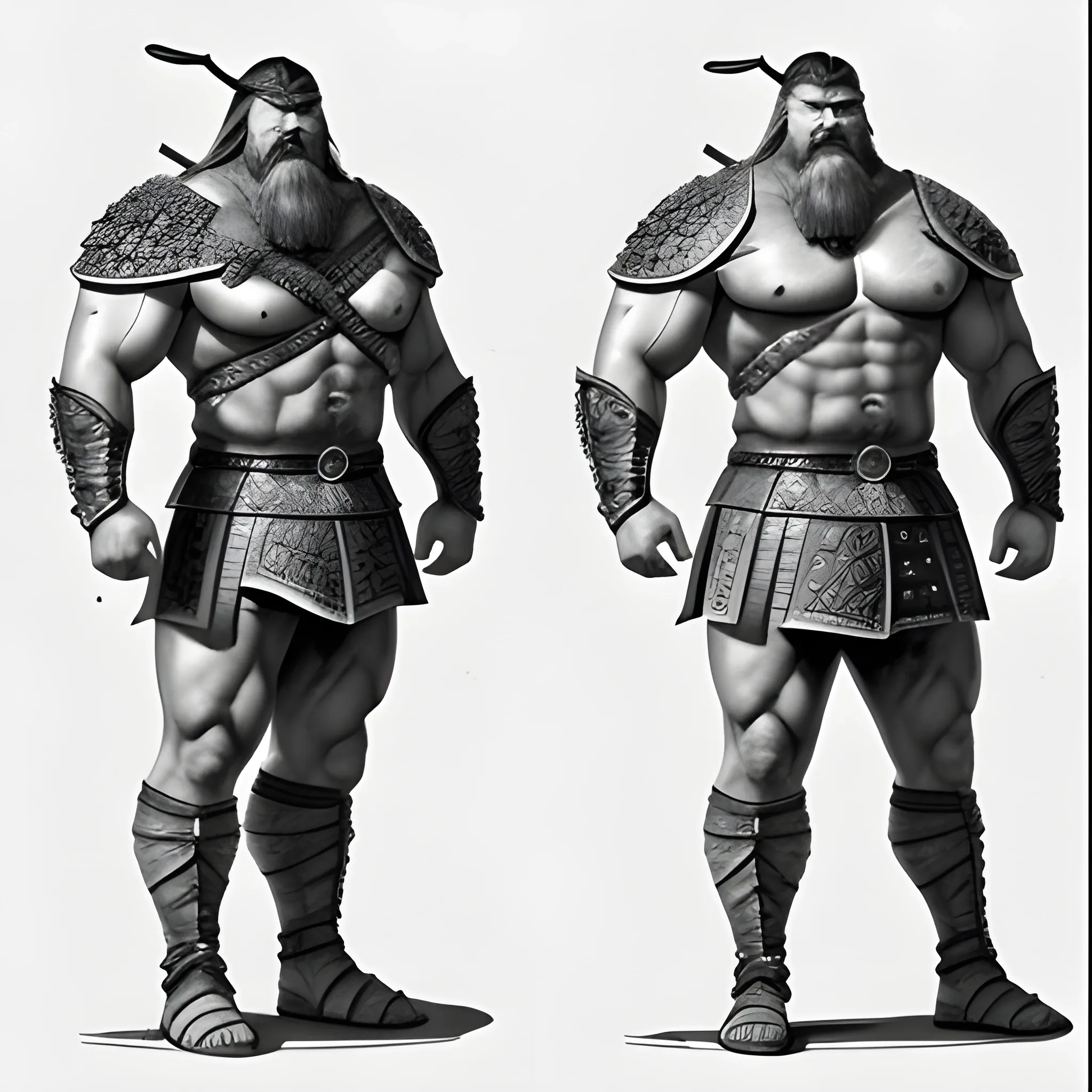 Viking Warrior, strong, big, muscular. Unarmored and unarmed. facesing directly at camera. full body shot. reference pose. back and front view. , Pencil Sketch