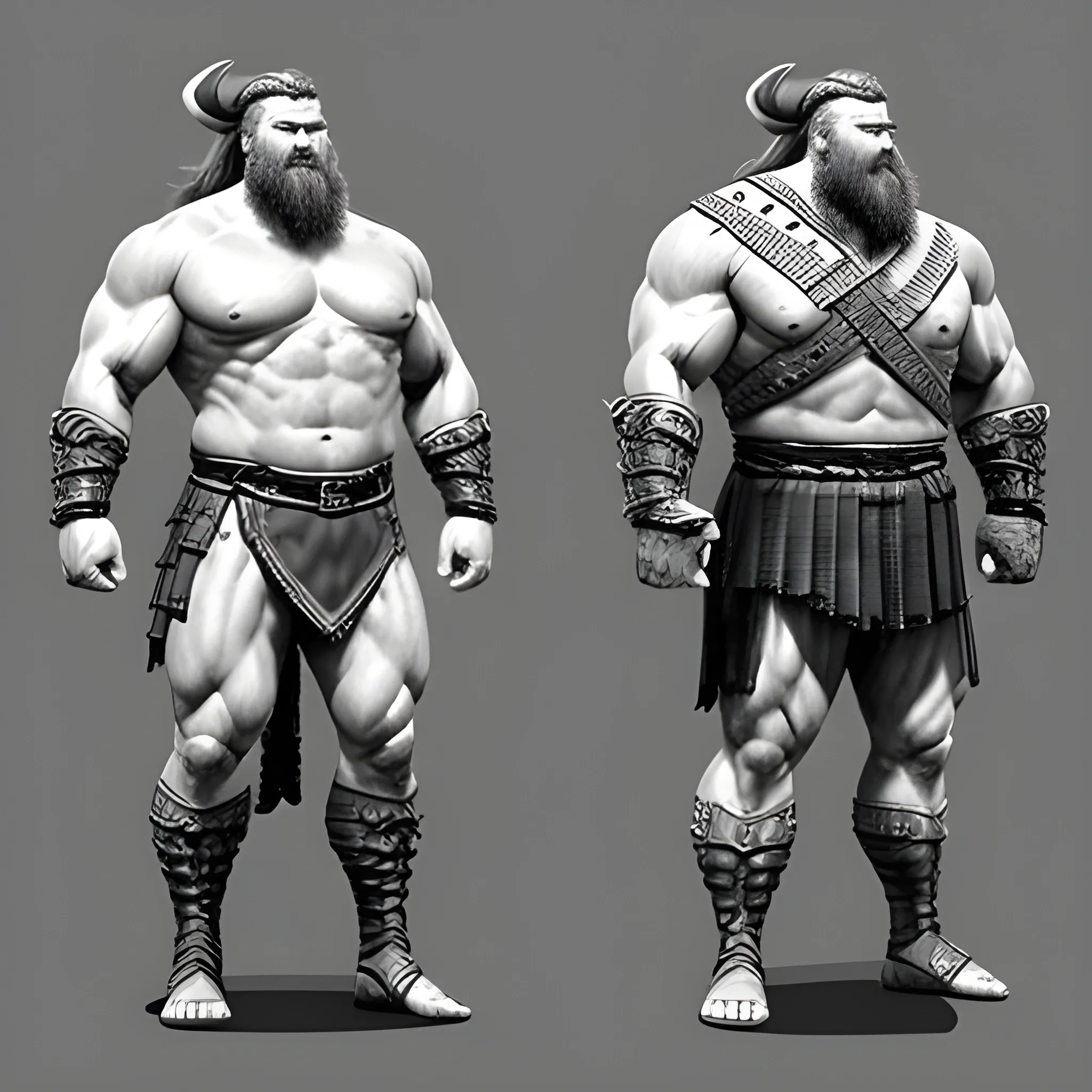 Viking Warrior, strong, big, muscular. Unarmored and unarmed. facesing directly at camera. full body shot. reference pose. back and front view. , Pencil Sketch, The character's arms and legs are spread out to the sides., Oil Painting