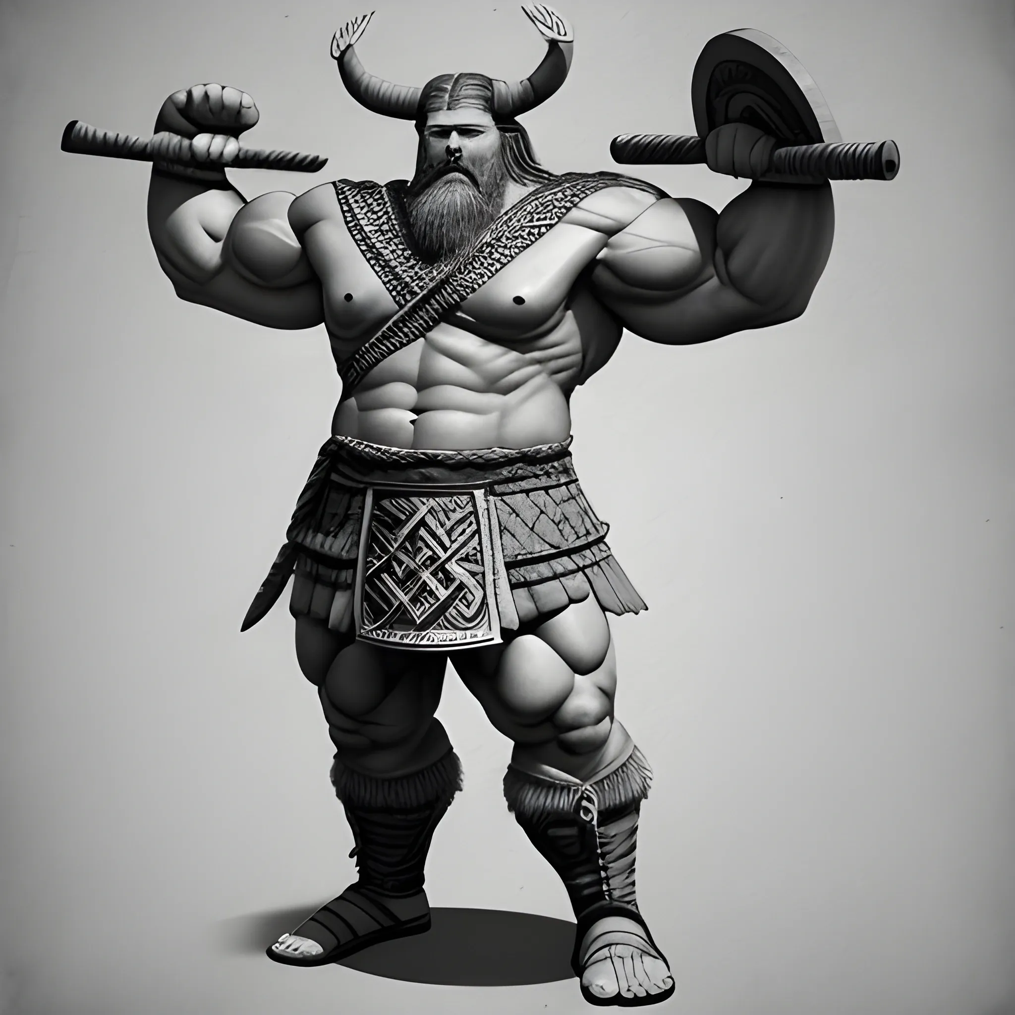 Viking Warrior, strong, big, muscular. Unarmored and unarmed. facesing directly at camera. full body shot. reference pose. back and front view. , Pencil Sketch, The character's arms and legs are spread out to the sides., Trippy