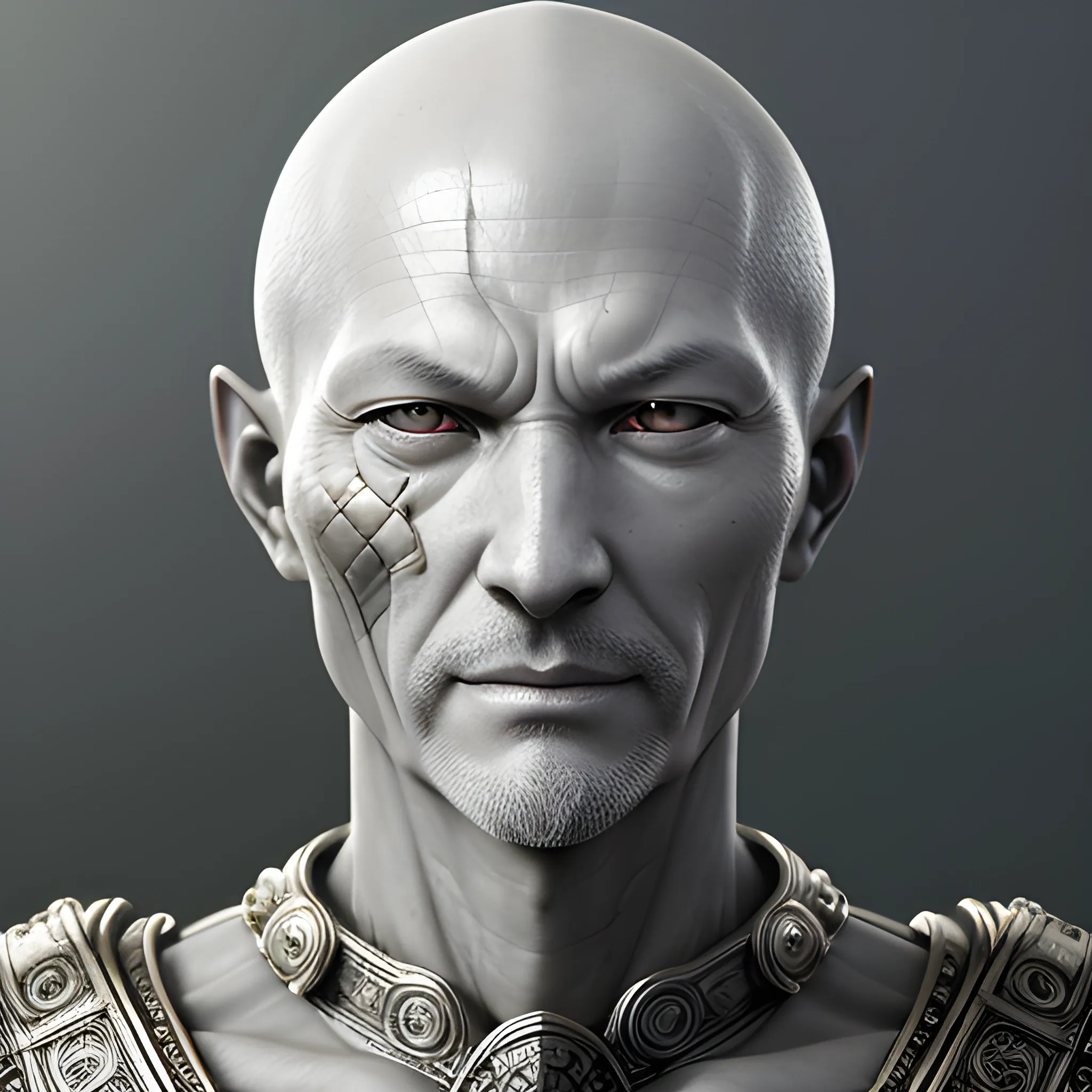 character portrait of a contented no-hair man grey alien warrior ...