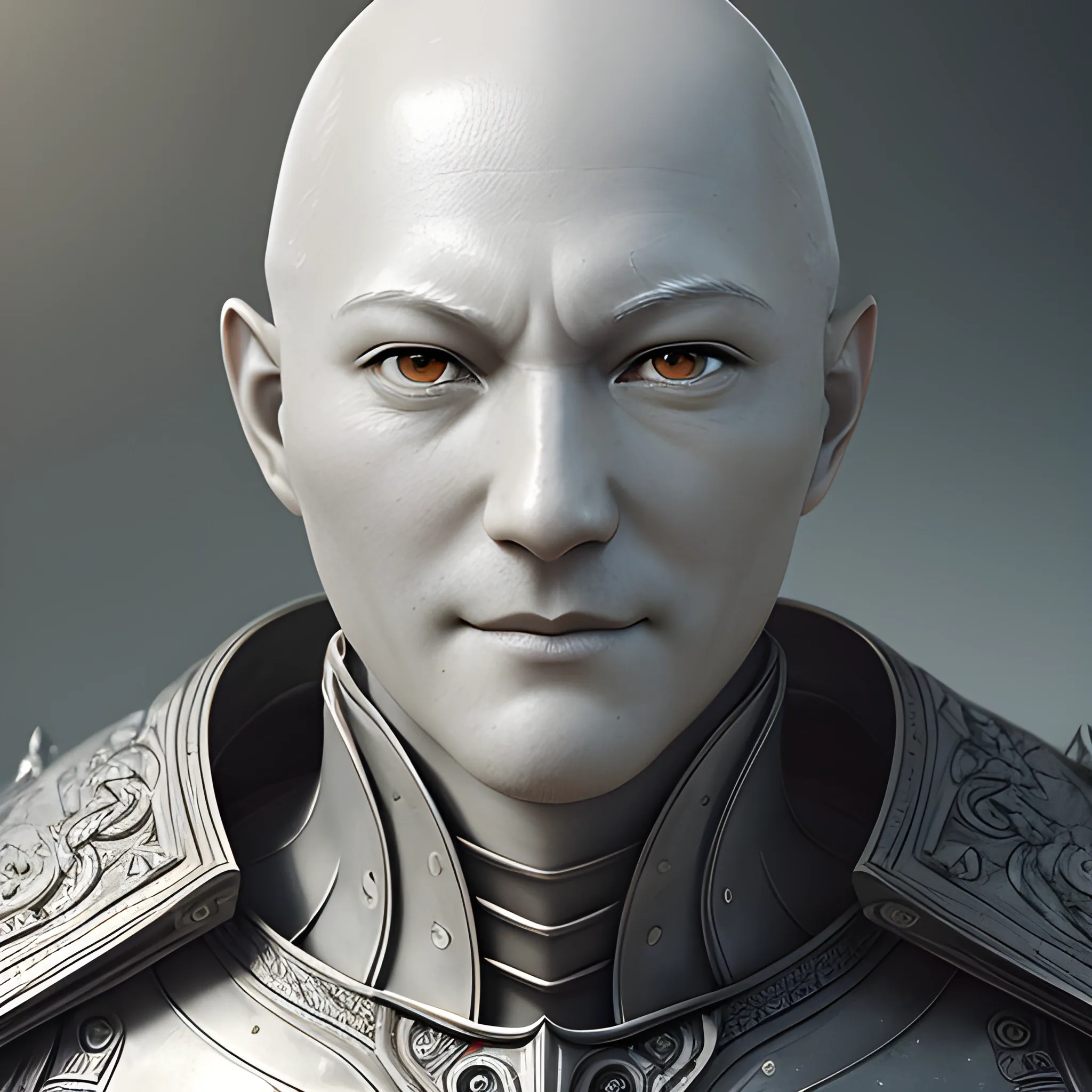 character portrait of a contented, no facial hair, bald, genderless, grey alien, warrior, with scale-mail armor, friendly, D&D style, color page, 4 k, tone mapping, doll, akihiko yoshida, Very detailed, Beautiful smiling GOD, beautiful perfect face,  intricate, elegant, highly detailed, trending on artstation, digital art, perfect milky grey skin, perfect large eyes, perfect composition, intricate, elegant, highly detailed, trending on artstation, ultra detailed, hyper-realistic, cinematic, dramatic lighting, volumetric lighting, 150mm, octane render, photorealistic, digital illustration, cinematic light, high dynamic range, insane intricate details, stunning cinema effects, Cartoon, 3D, Cartoon, 