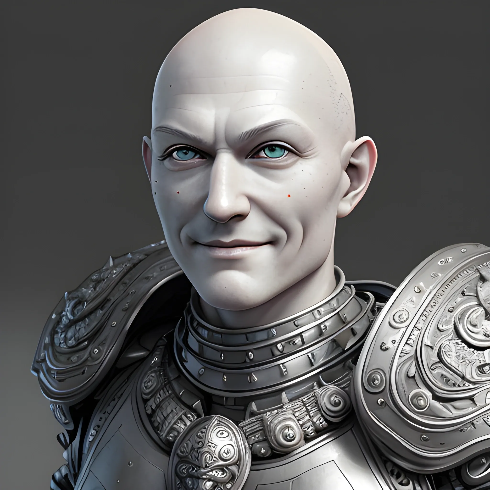 character portrait of a contented, no facial hair, bald, genderless, grey alien, warrior, with scale-mail armor, friendly, D&D style, color page, 4 k, tone mapping, doll, akihiko yoshida, Very detailed, Beautiful smiling GOD, beautiful perfect face,  intricate, elegant, highly detailed, trending on artstation, digital art, perfect milky grey skin, perfect giant eyes, perfect composition, intricate, elegant, highly detailed, trending on artstation, ultra detailed, hyper-realistic, cinematic, dramatic lighting, volumetric lighting, 150mm, octane render, photorealistic, digital illustration, cinematic light, high dynamic range, insane intricate details, stunning cinema effects, Cartoon, 3D, Cartoon, 