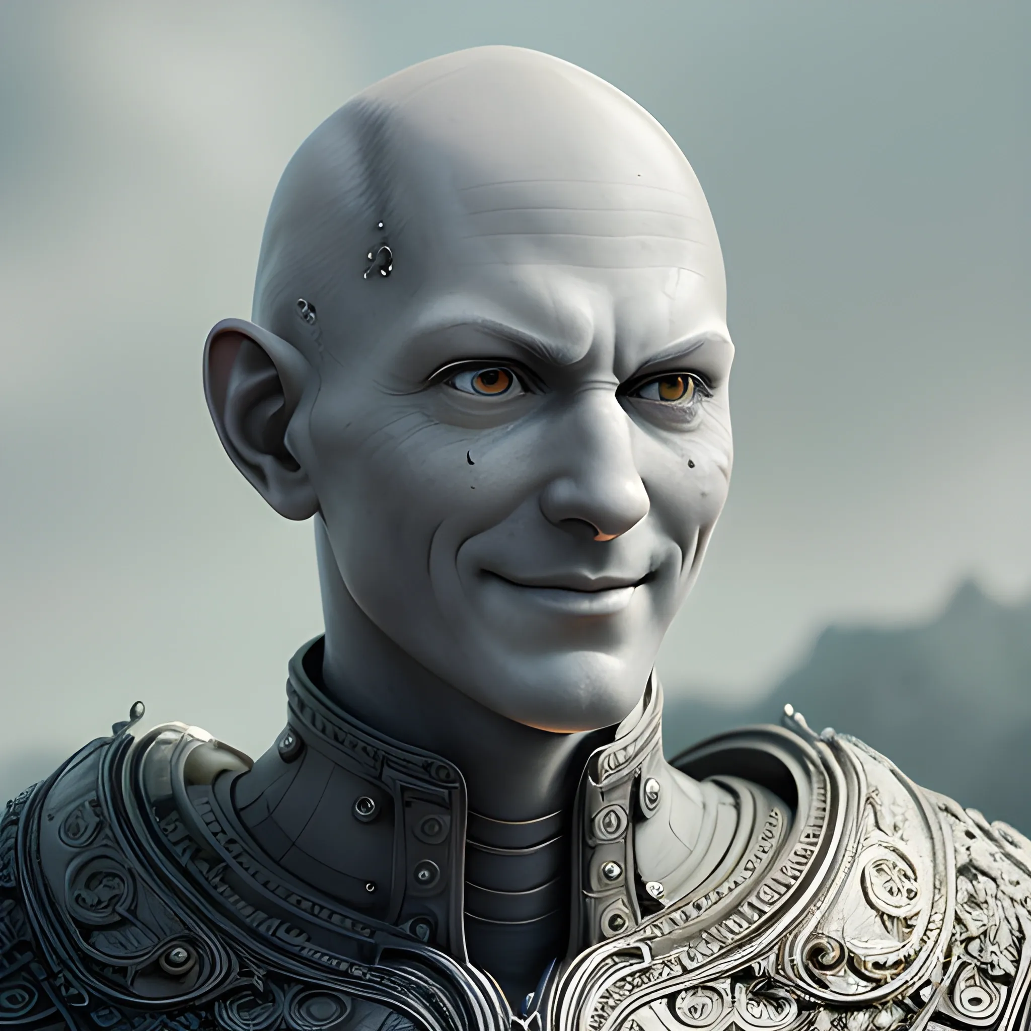 character portrait of a contented, no facial hair, bald, genderless, grey alien, warrior, with scale-mail armor, friendly, D&D style, color page, 4 k, tone mapping, doll, akihiko yoshida, Very detailed, Beautiful smiling GOD, beautiful perfect face,  intricate, elegant, highly detailed, trending on artstation, digital art, perfect milky grey skin, perfect giant eyes, Giant eyes, perfect composition, intricate, elegant, highly detailed, trending on artstation, ultra detailed, hyper-realistic, cinematic, dramatic lighting, volumetric lighting, 150mm, octane render, photorealistic, digital illustration, cinematic light, high dynamic range, insane intricate details, stunning cinema effects, Cartoon, 3D, Cartoon, 