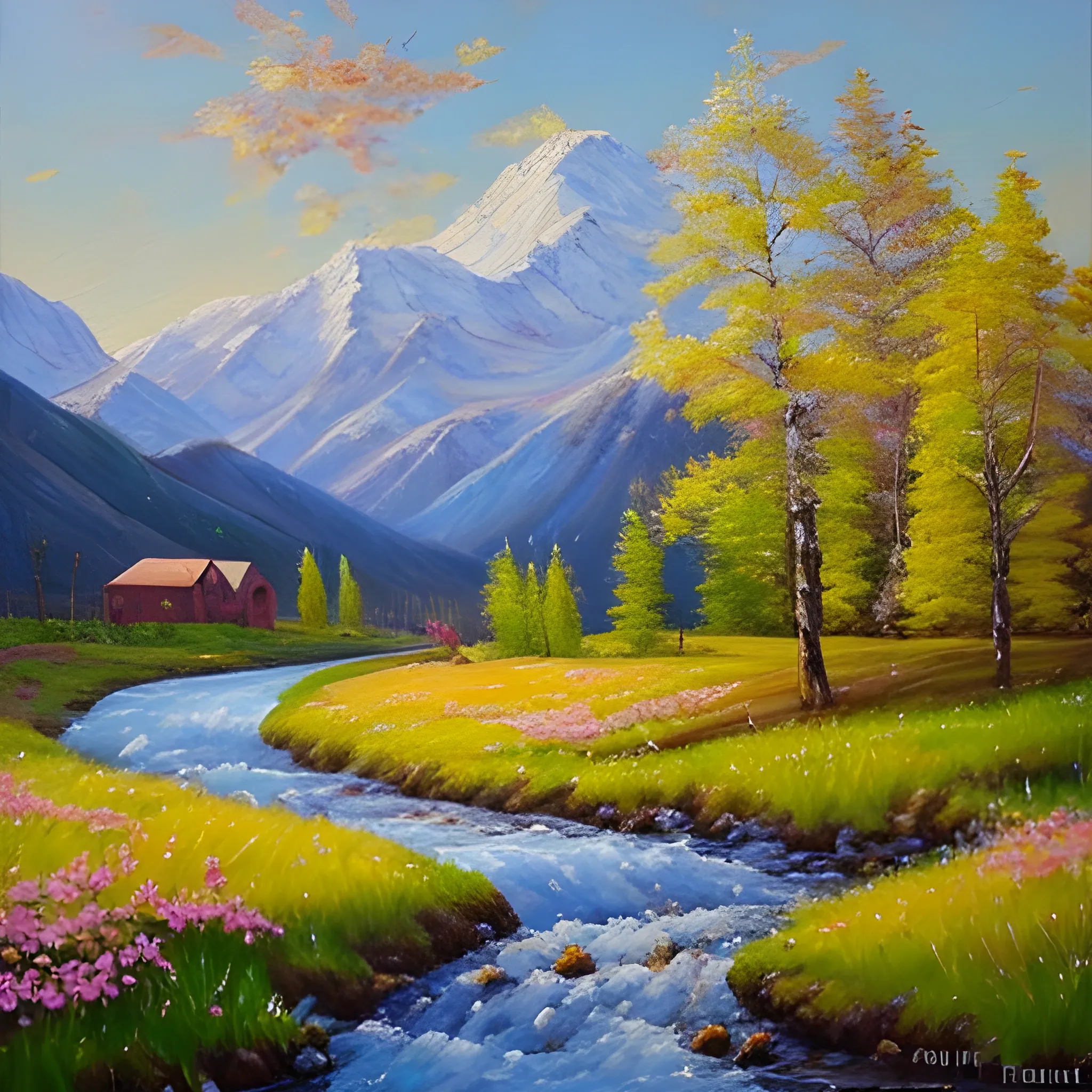 , Oil Painting, beautiful spring in the mountains