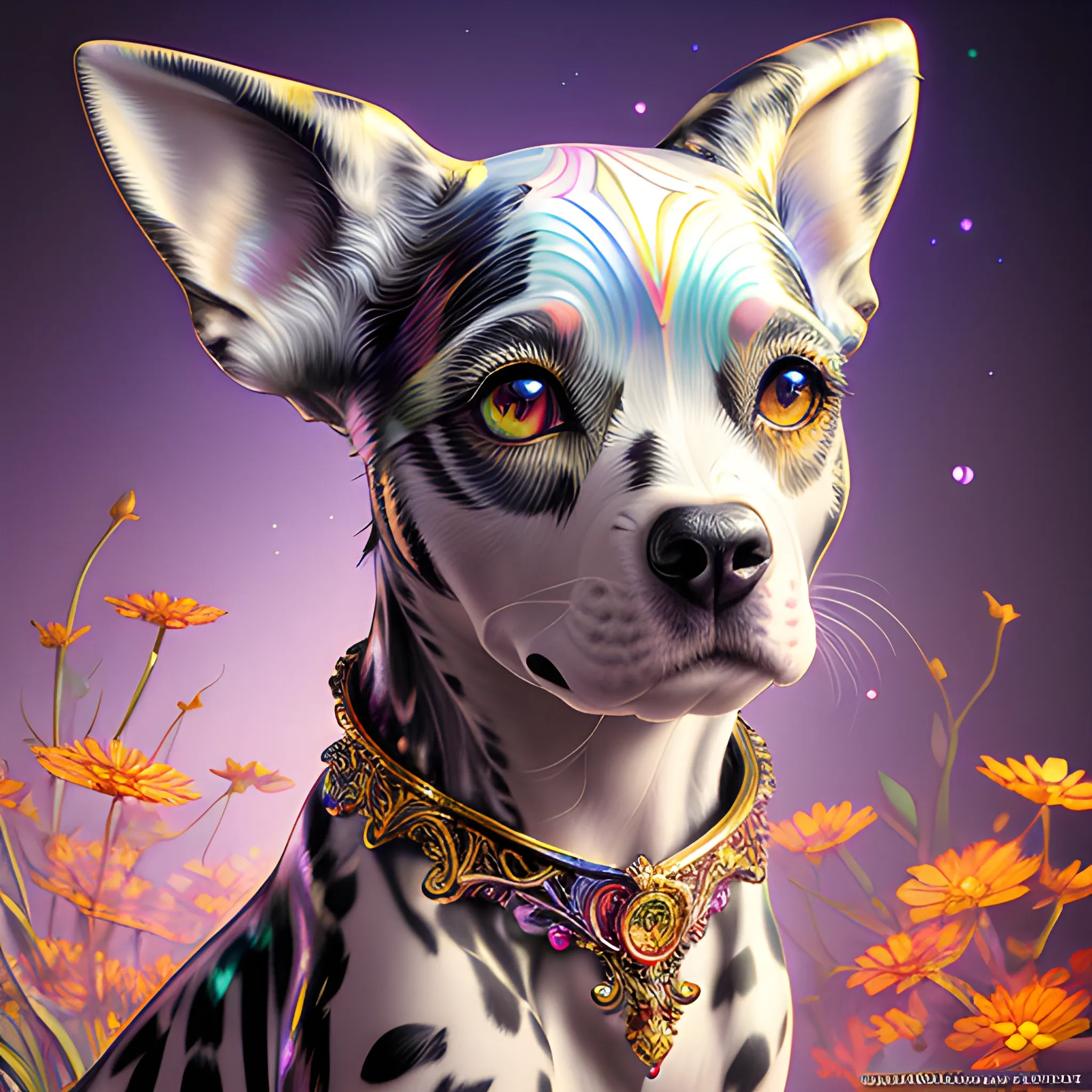 Cute colorful magical charming dalmation - baby sequins, holographic filigree, Perfect, masterpiece, intricate, extremely detailed, cute, charming, cutie, flowers, fantasy, digital art, author Ross Tran, Lop-eared, Artgerm and James Jean, Brian Froude, Naimi Kanani, masterpiece of complex art, golden ratio, trend of complex art stations, high detail, ultra-high quality, Mysterious, Oil Painting