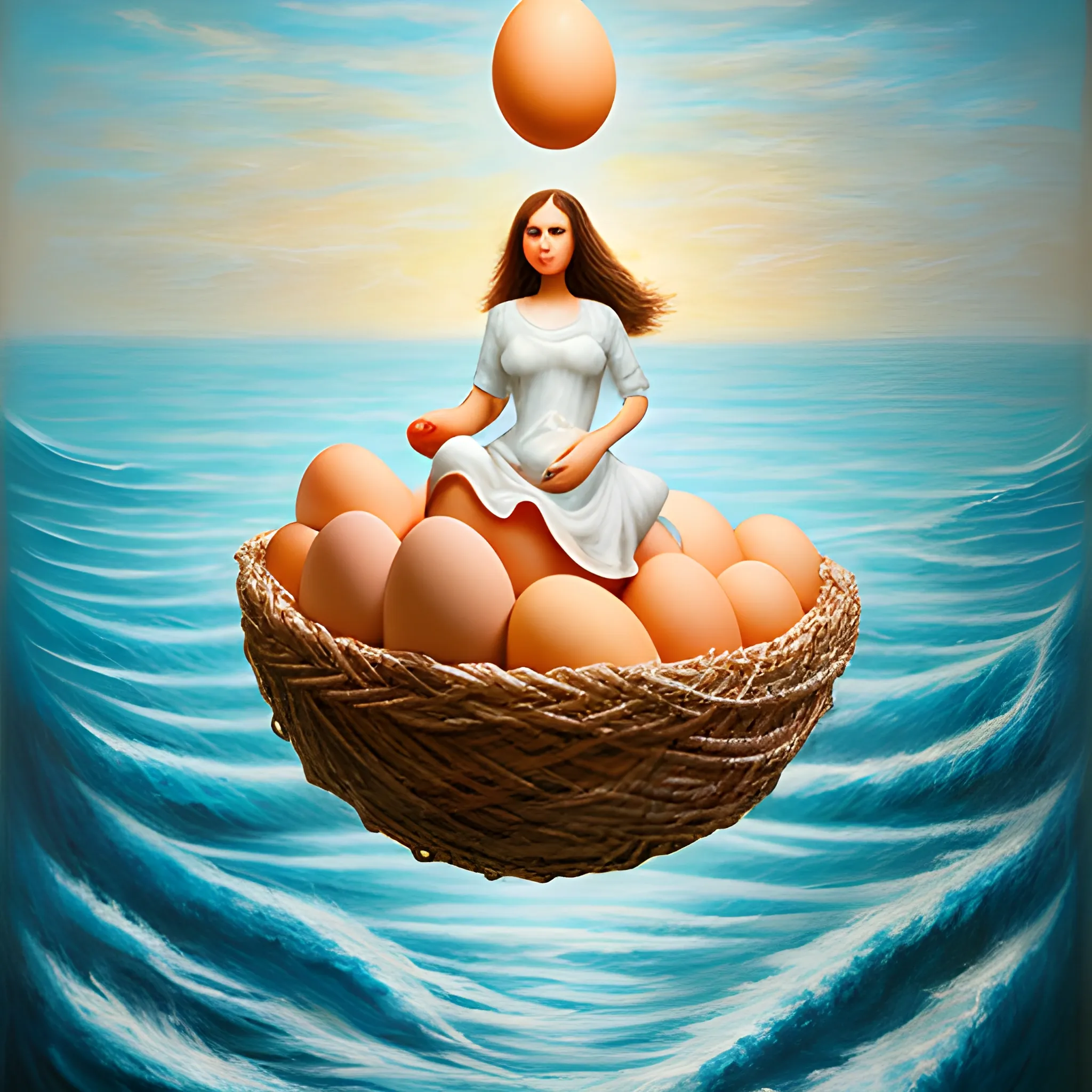 surreal, woman with eggs around, over a sea, 3D, Oil Painting
