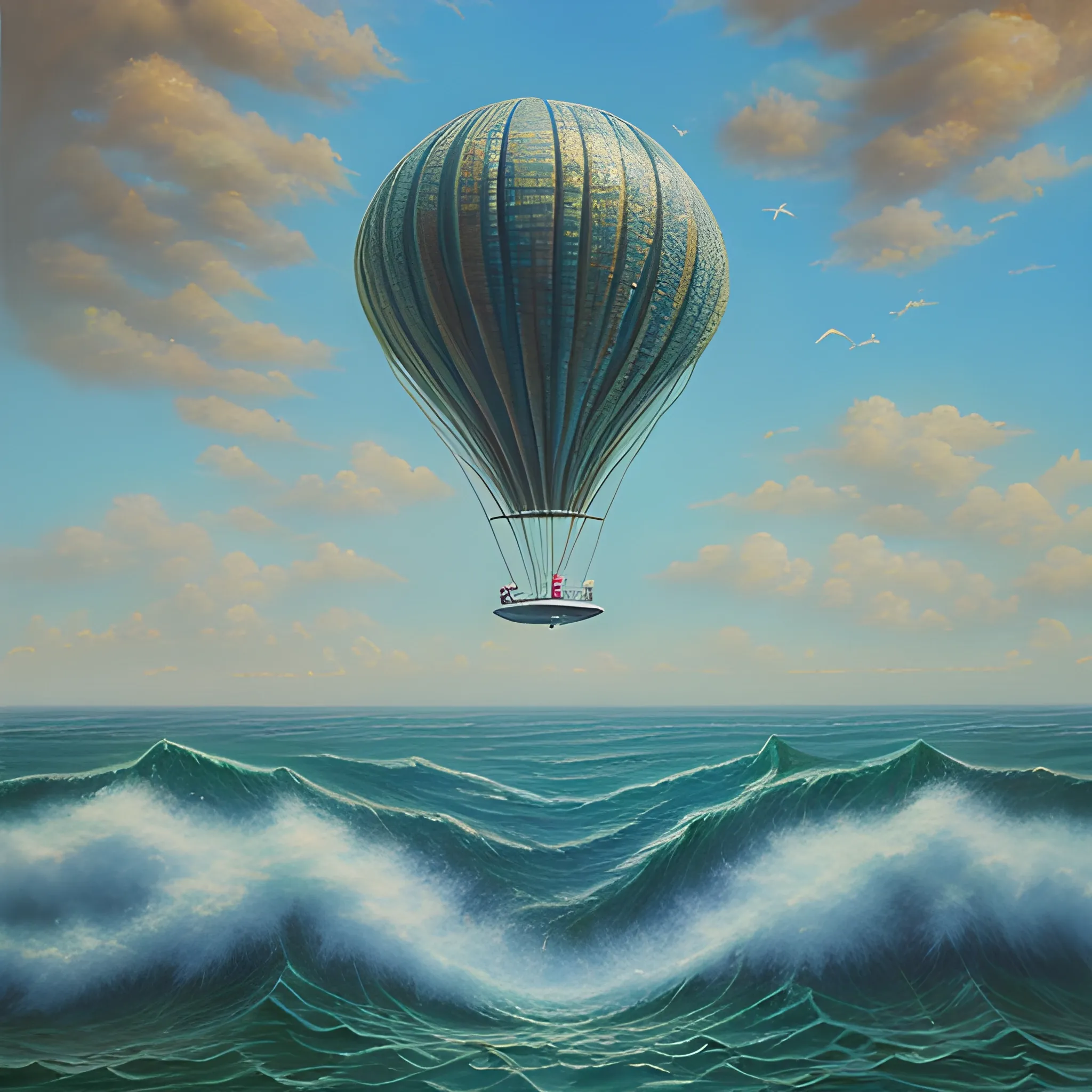 surreal,  people rise to the sky, over a sea, 3D, Oil Painting